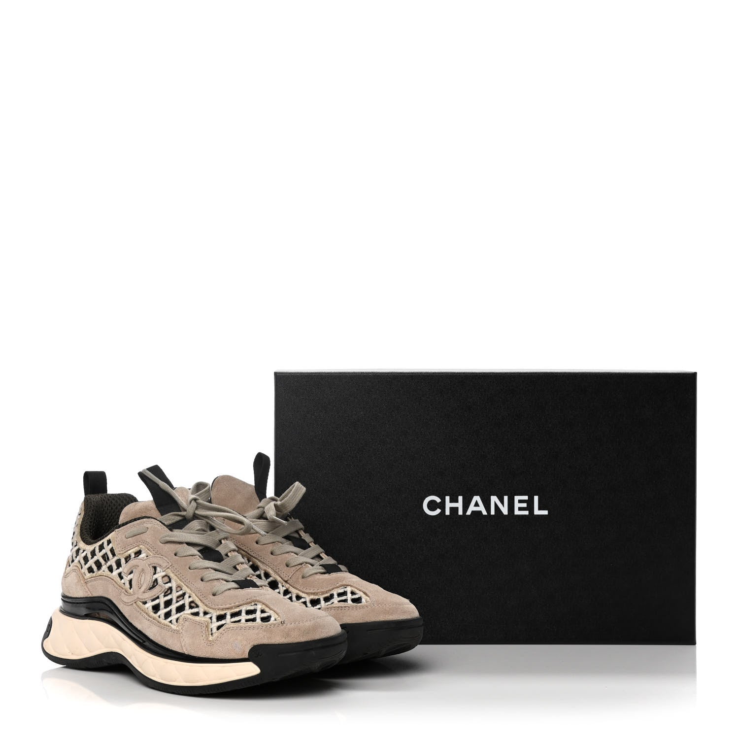 Chanel Suede Calfskin Embroidered CC Sneakers 39 Beige Black 11 of 11