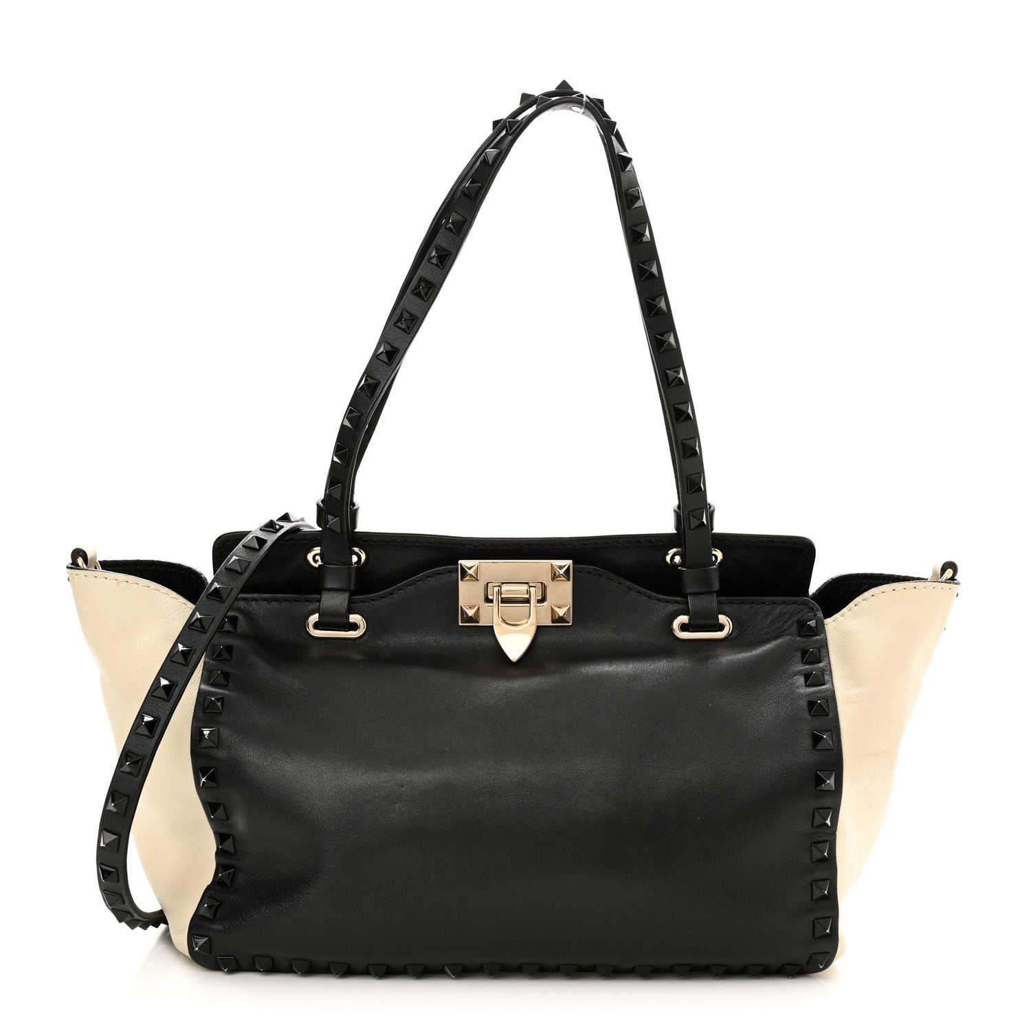 Valentino Garavani Vitello Monochrome Small Rockstud Tote Black Light Ivory 1 of 12