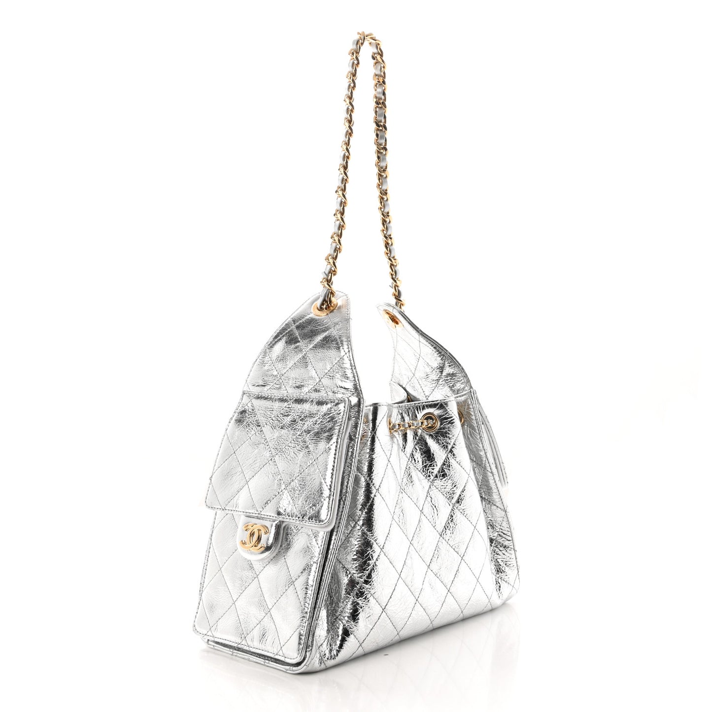 Metallic Aged Calfskin Quilted Small Chanel 25 Handbag Silvery