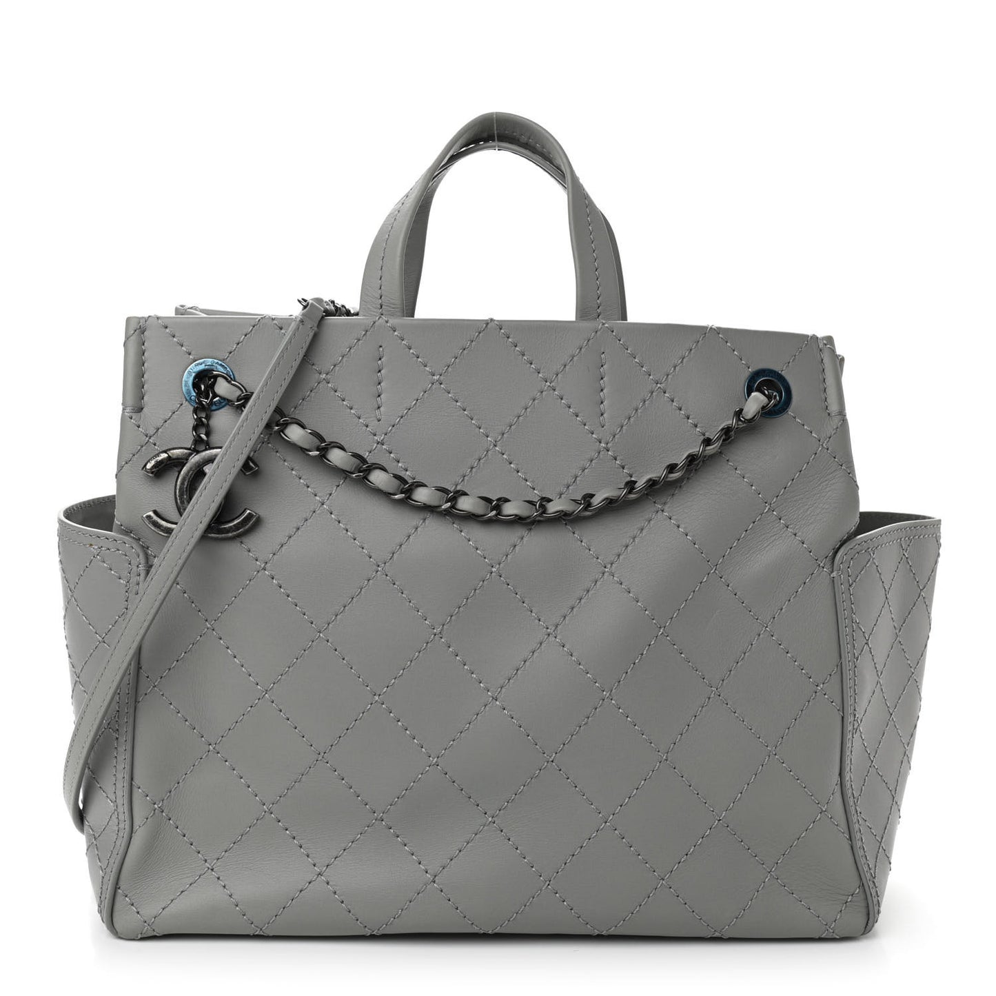 Grained Calfskin Small CC Pocket Tote Grey