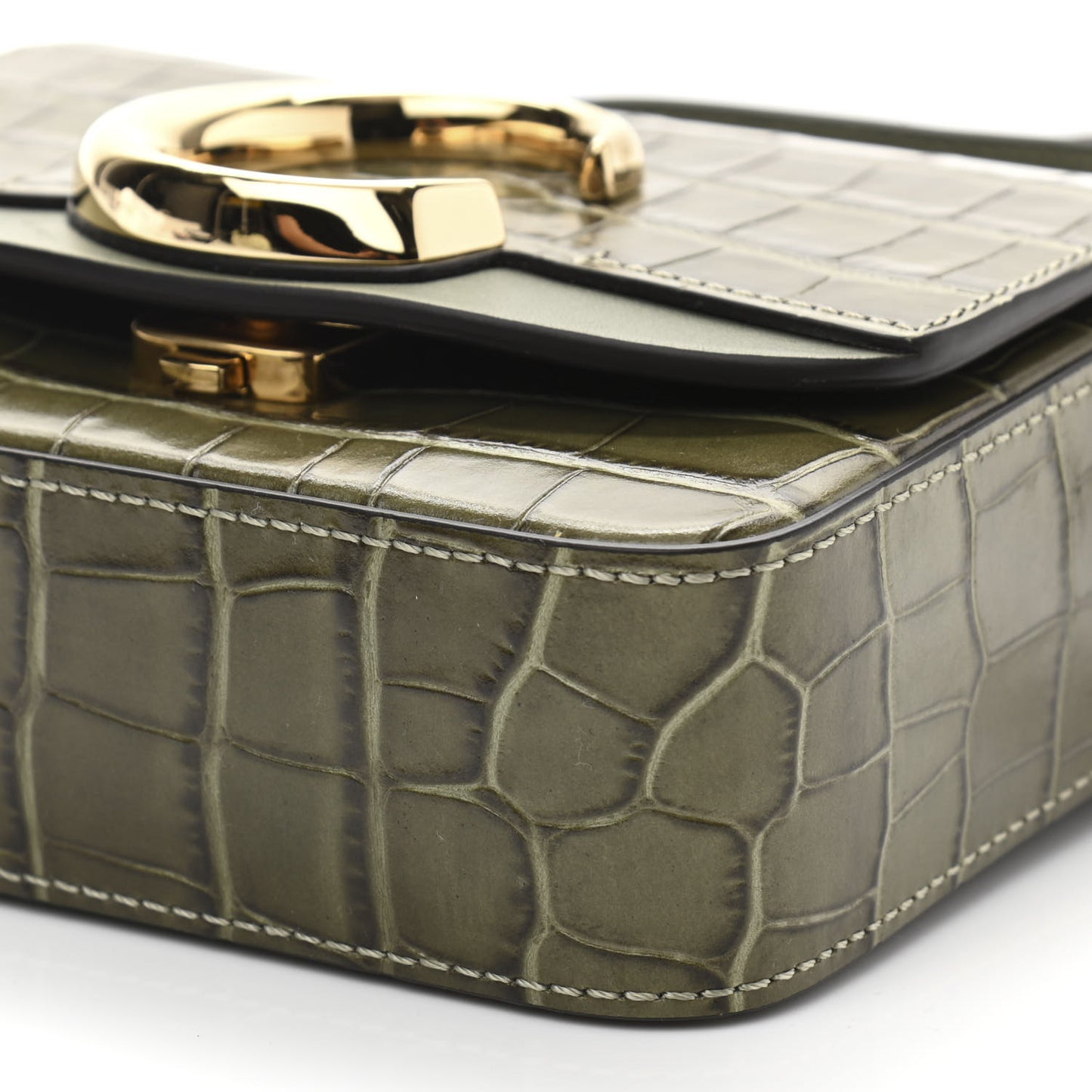 Calfskin Crocodile Embossed Mini C Double Carry Misty Forest