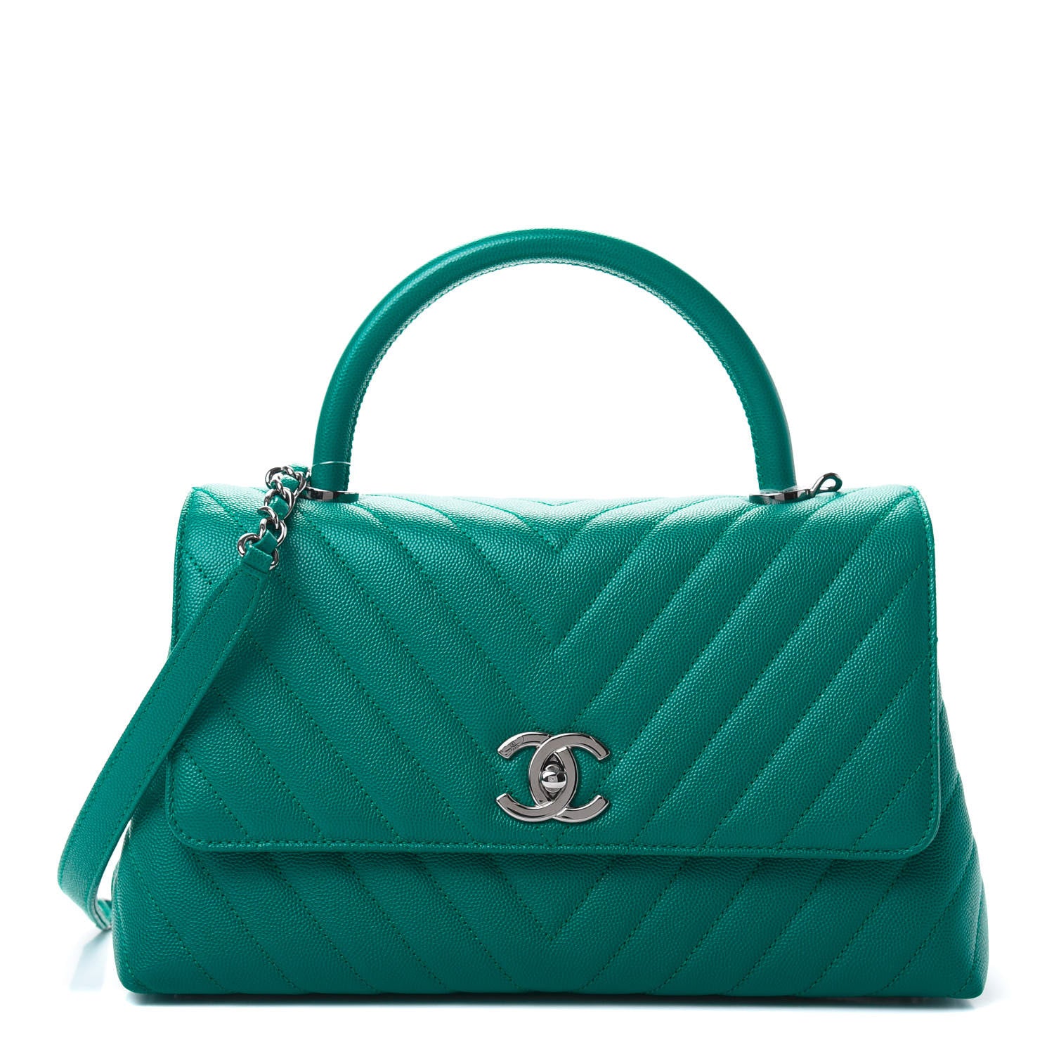 Chanel Caviar Chevron Quilted Small Coco Handle Flap Green 1 of 12