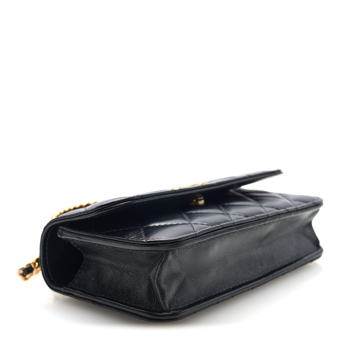 Shiny Calfskin Quilted Top Handle Flap Phone Holder With Chain Black