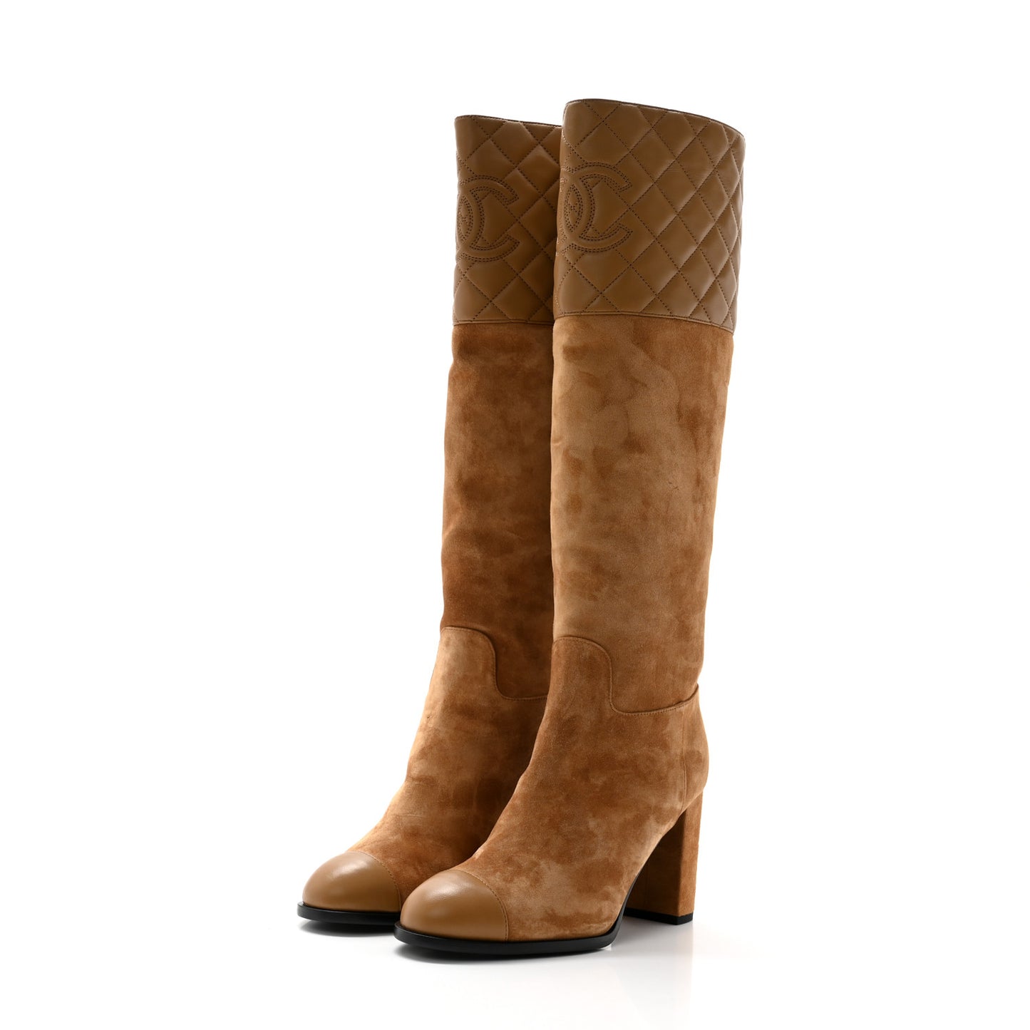 Suede Calfskin Lambskin Quilted Knee High Heel Boots 38.5 Beige