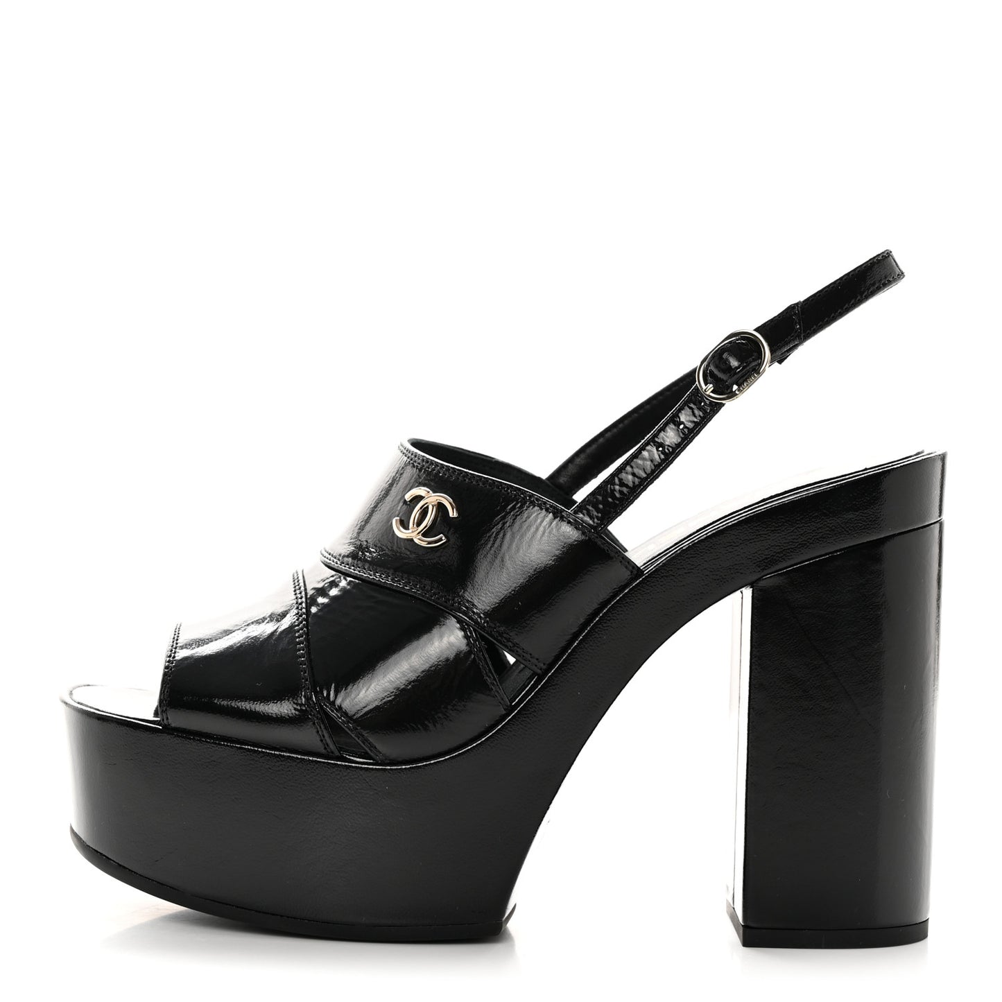 Crumpled Patent Lambskin Platform Sandals 40.5 Black