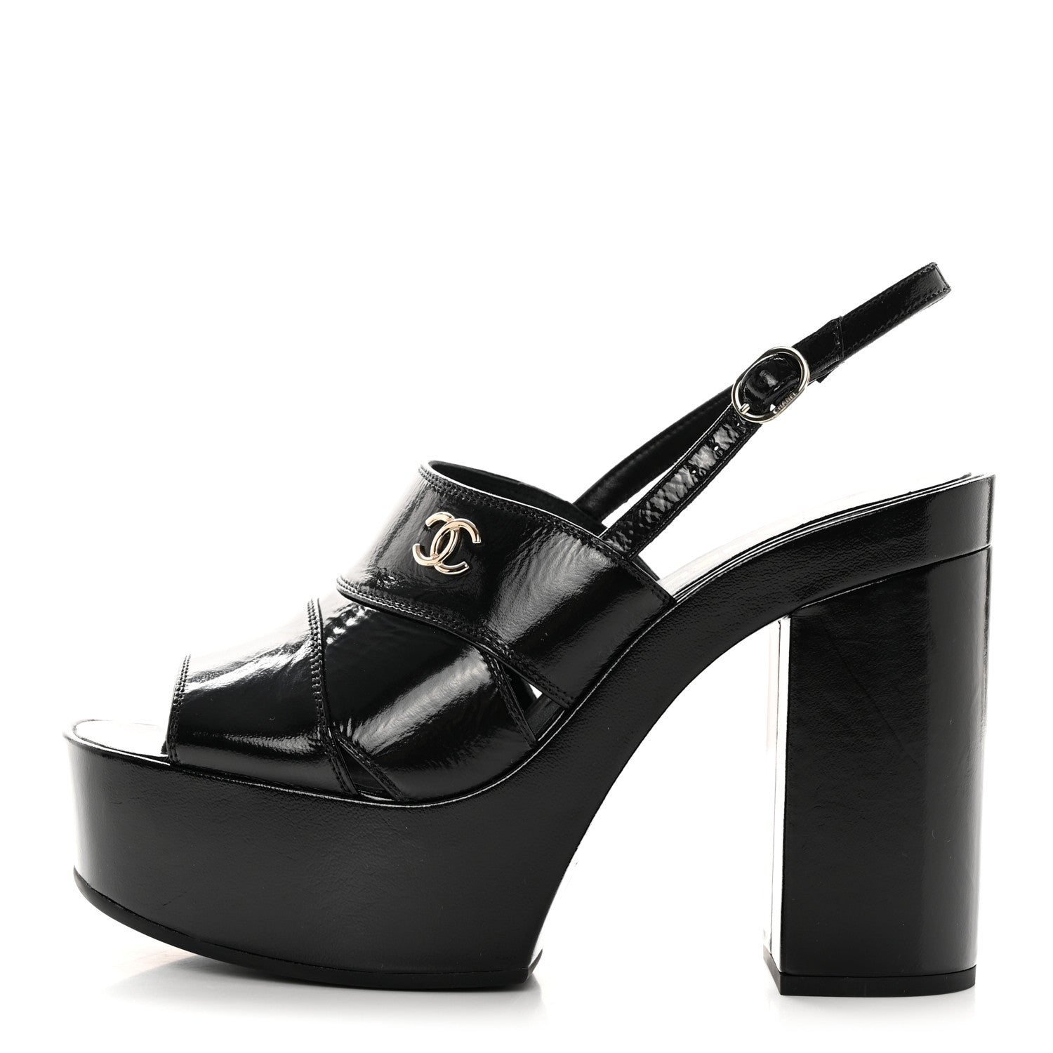 Chanel Crumpled Patent Lambskin Platform Sandals 40.5 Black 1 of 20