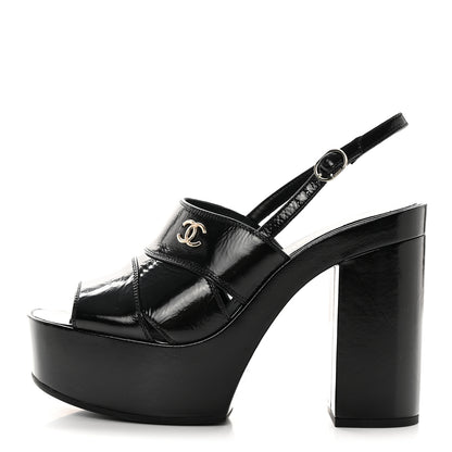Chanel Crumpled Patent Lambskin Platform Sandals 40.5 Black 1 of 20