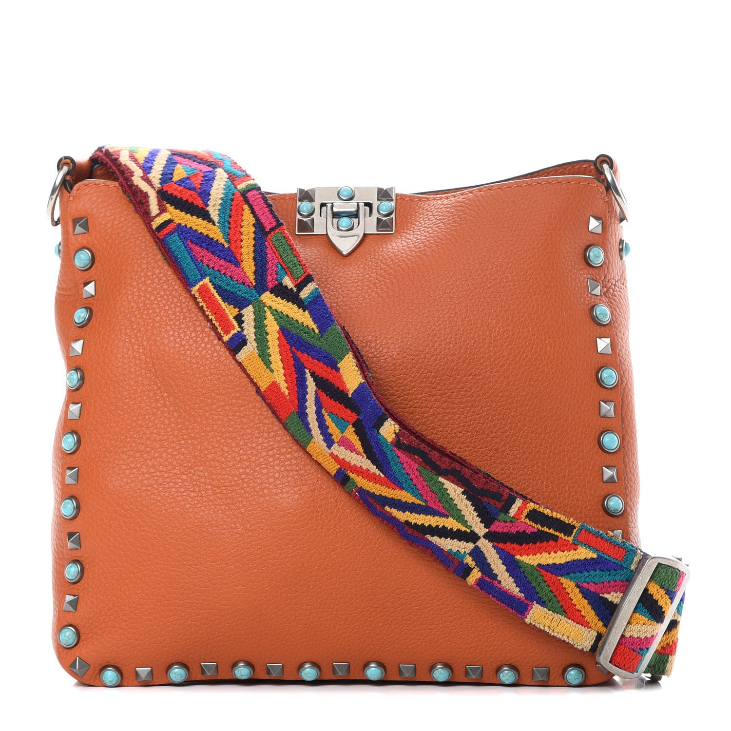 Valentino Garavani Pebbled Calfskin Small Guitar Strap Rockstud Rolling Flip-Lock Messenger Bag Orange 1 of 10