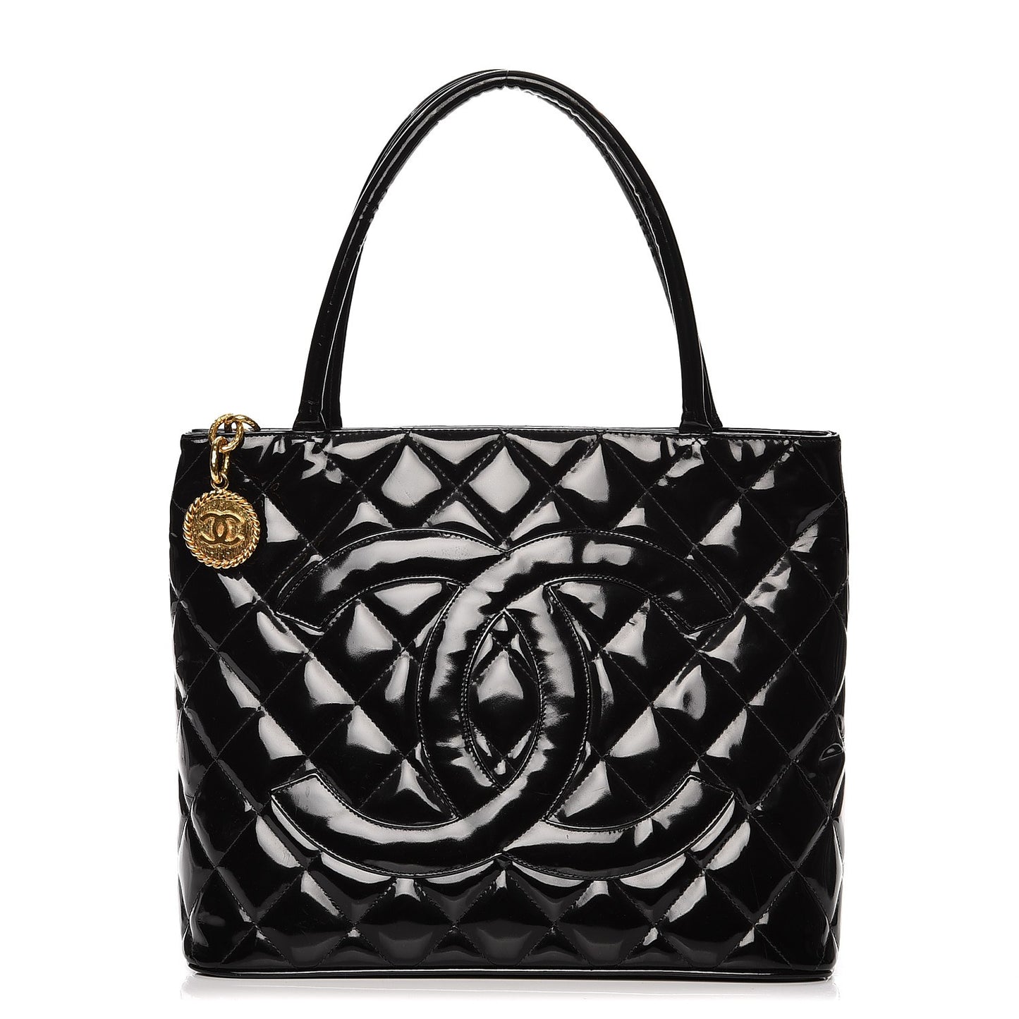 Patent Quilted Medallion Tote Black