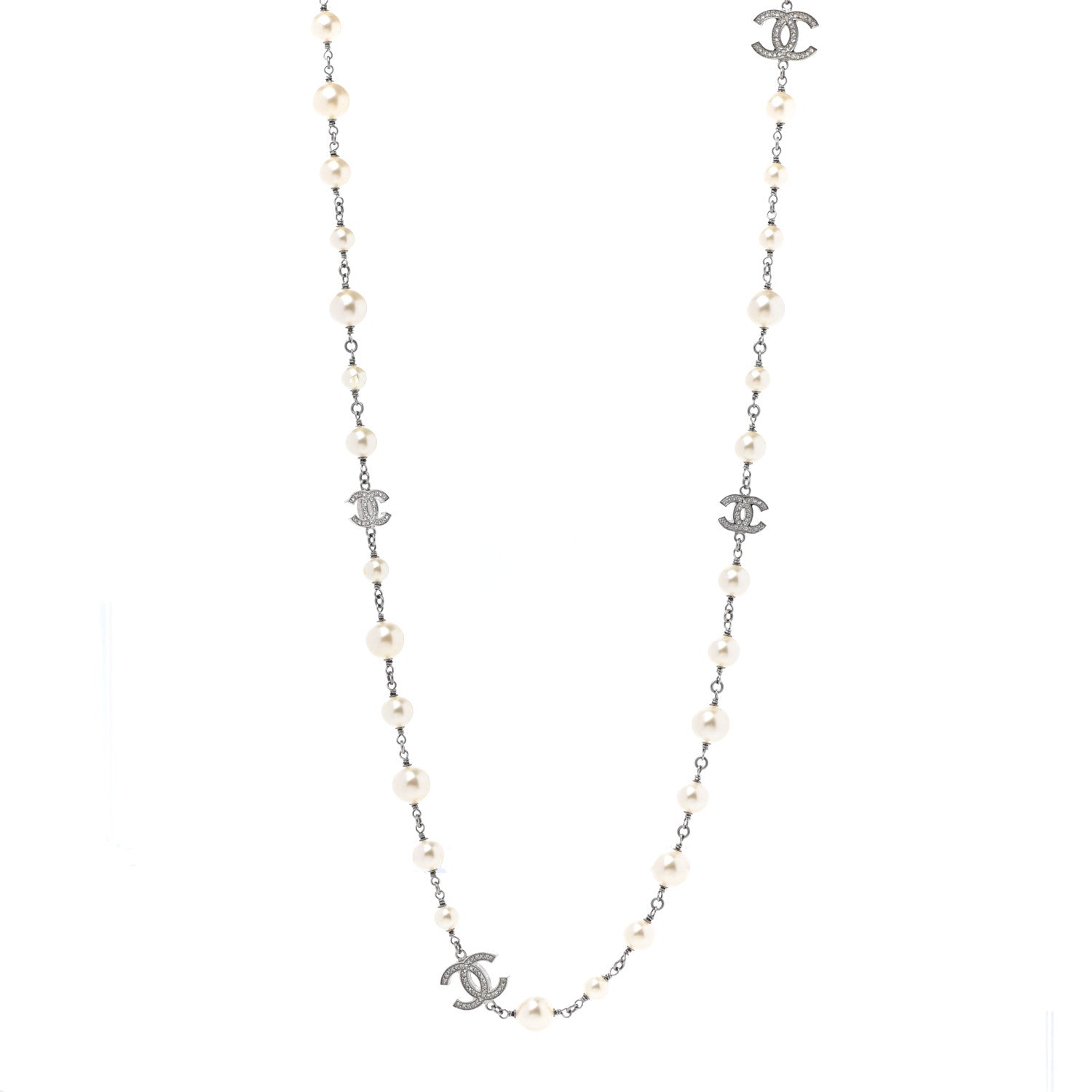 Chanel Graduated Pearl Crystal CC Long Necklace Silver 1 of 6