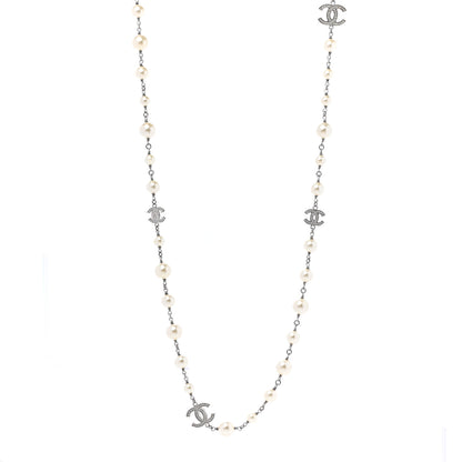 Chanel Graduated Pearl Crystal CC Long Necklace Silver 1 of 6