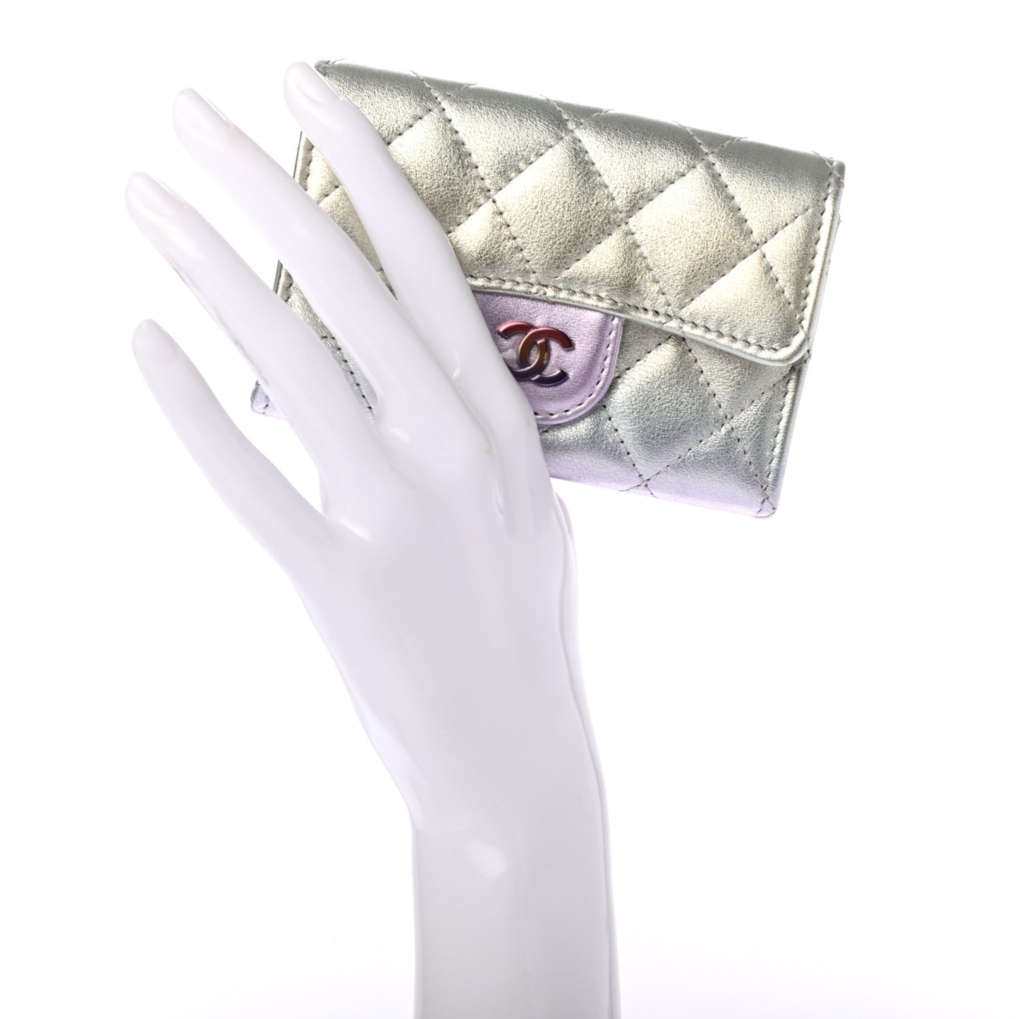 Gradient Metallic Calfskin Quilted Flap Card Holder Wallet Silver Blue Yellow Purple