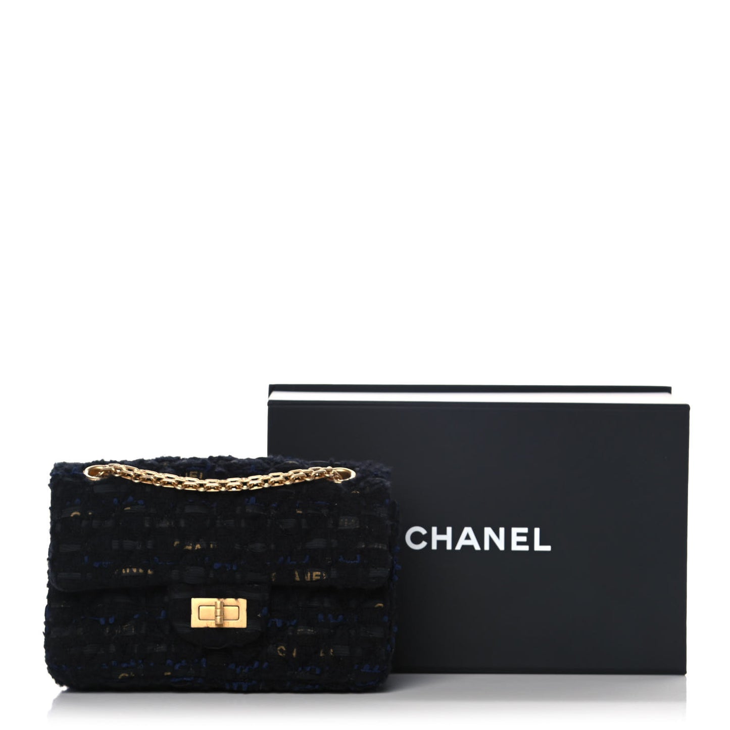 Tweed Quilted Mini 2.55 Reissue Flap Black Gold Navy