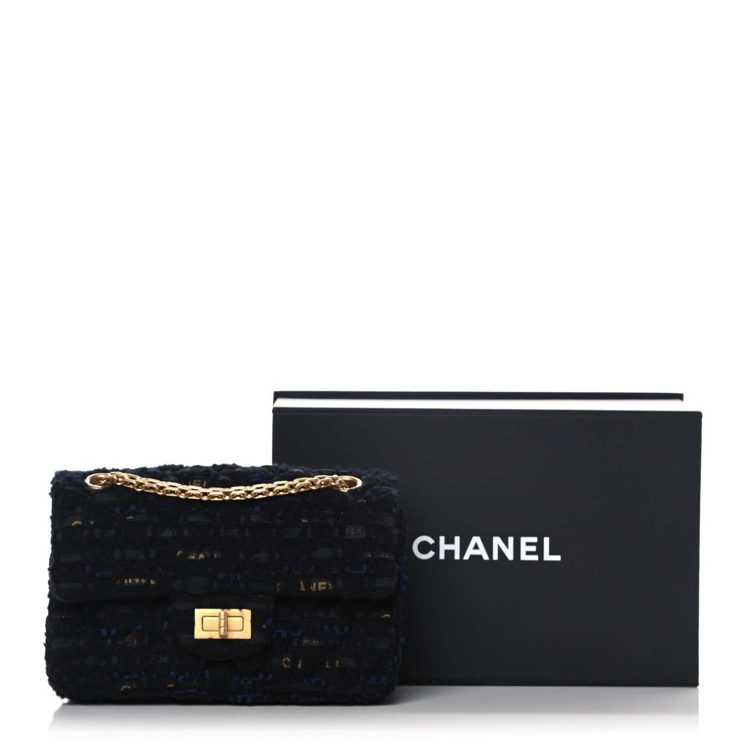 Chanel Tweed Quilted Mini 2.55 Reissue Flap Black Gold Navy 13 of 13