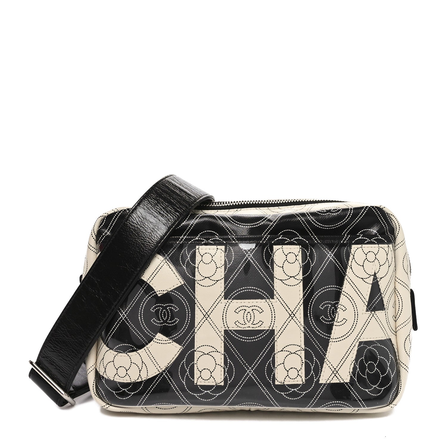 Chanel Coated Canvas Calfskin Camellia Printed Camera Case Black Beige 1 of 10