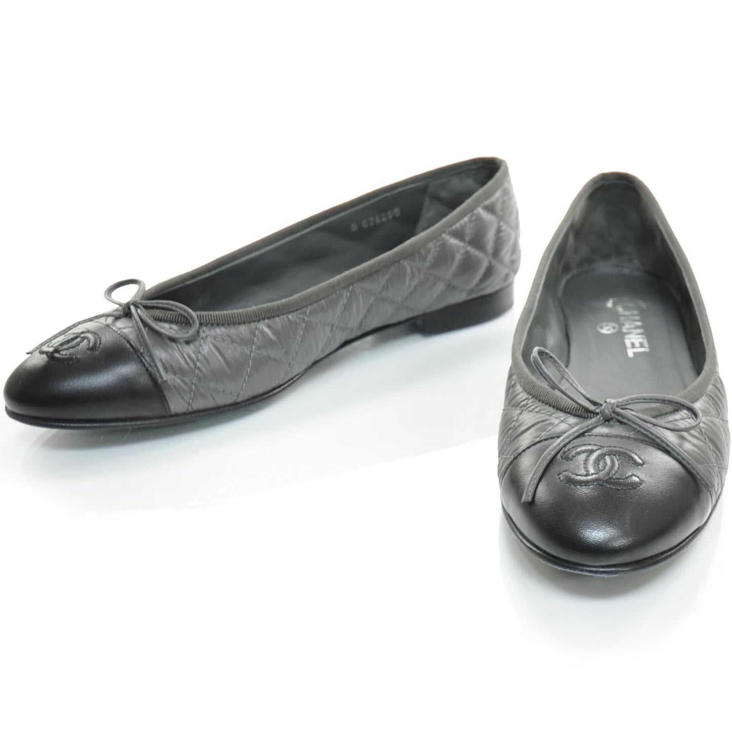 Nylon Quilted Cap Toe Ballerina Flats 39.5 Black and Gray