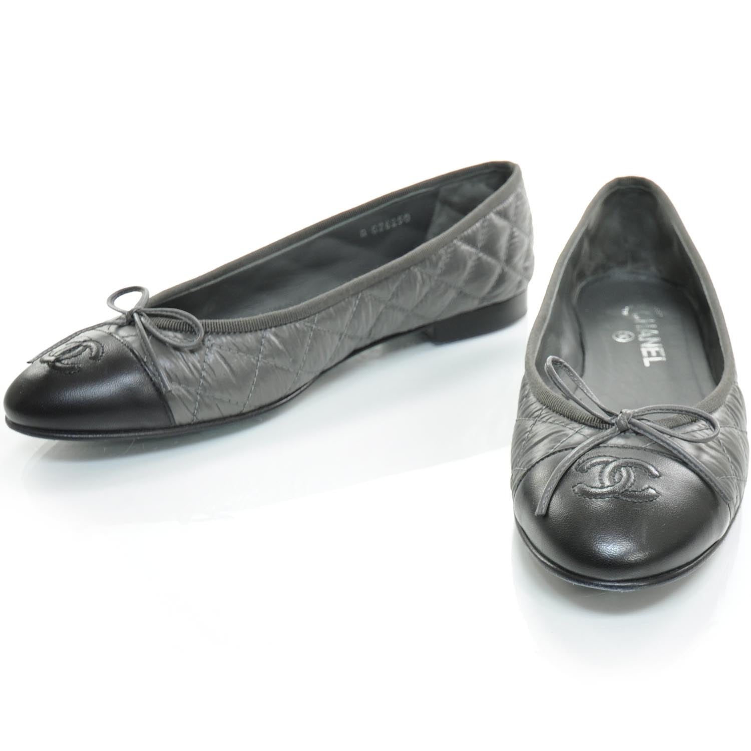 Chanel Nylon Quilted Cap Toe Ballerina Flats 39.5 Black and Gray 1 of 8