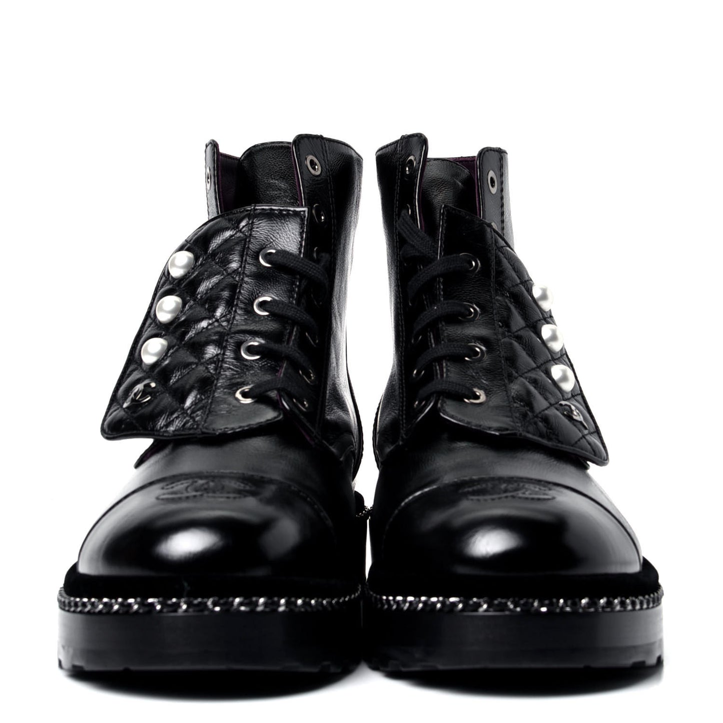 Crackled Calfskin Velvet Pearl Combat Short Boots 41.5 Black