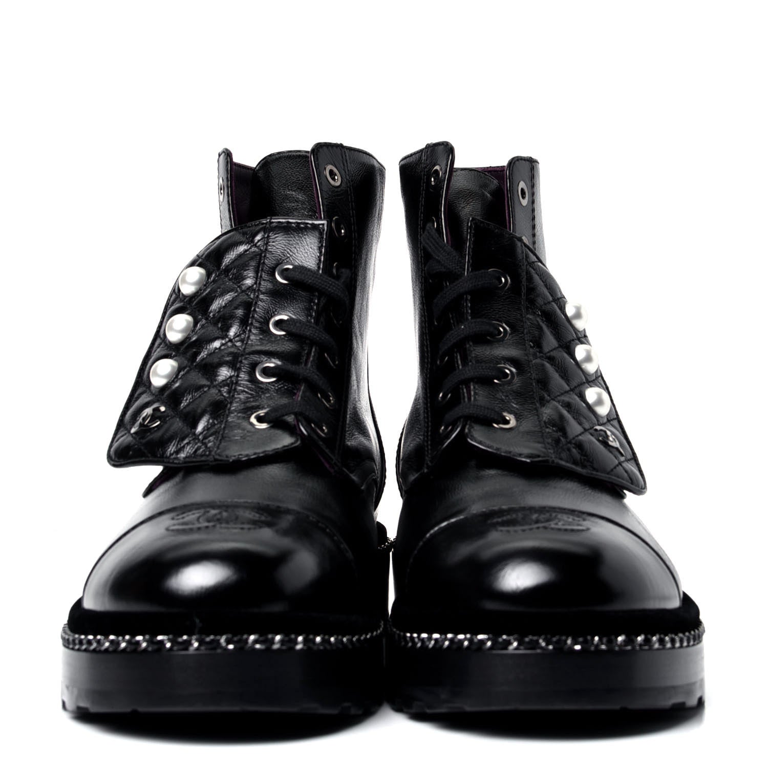 Chanel Crackled Calfskin Velvet Pearl Combat Short Boots 41.5 Black 2 of 6