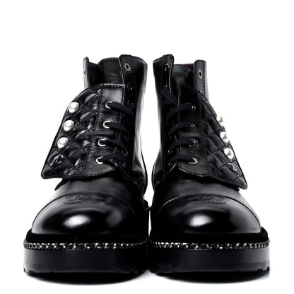 Chanel Crackled Calfskin Velvet Pearl Combat Short Boots 41.5 Black 2 of 6
