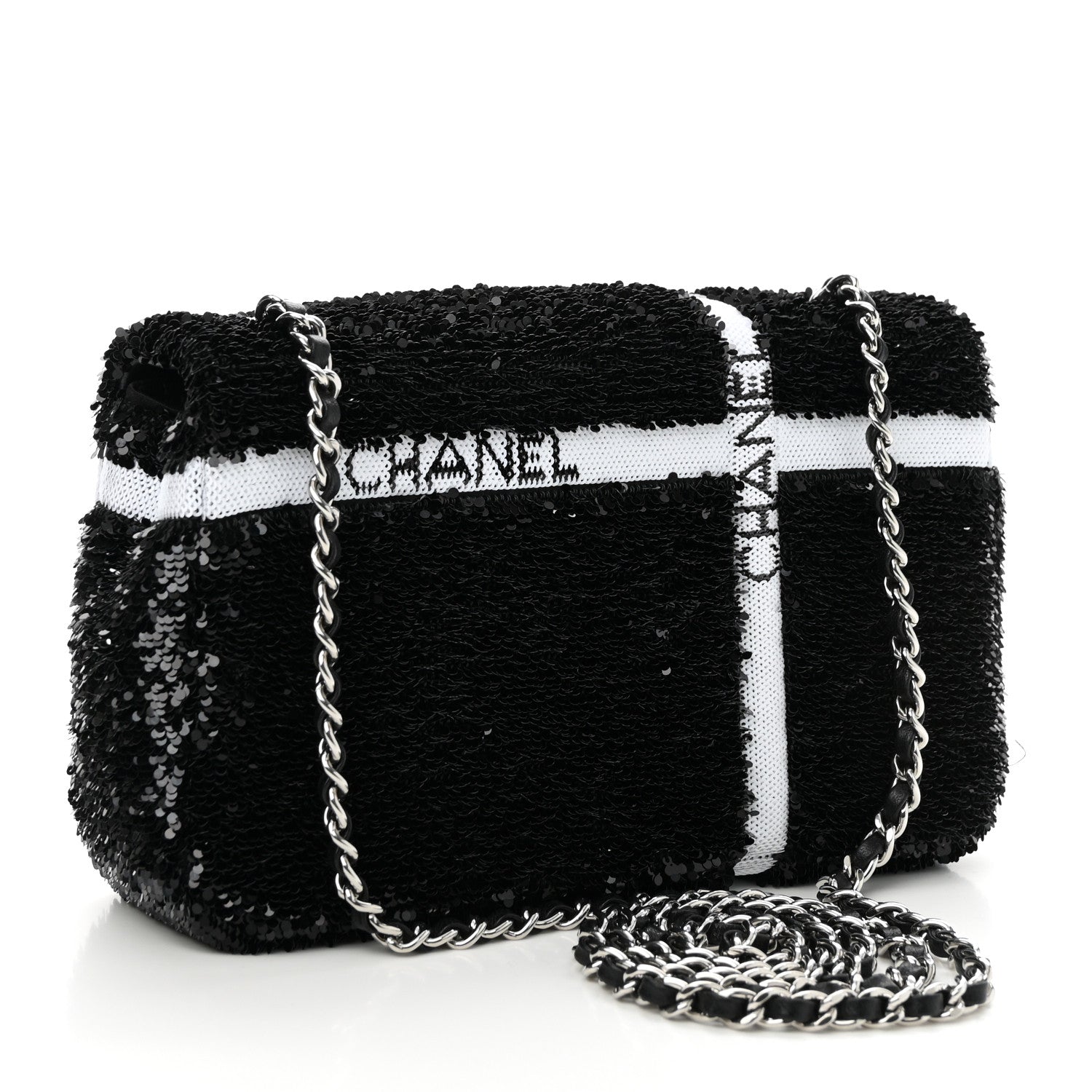Chanel Sequin Ribbon Mini Rectangular Flap Black White 1738727