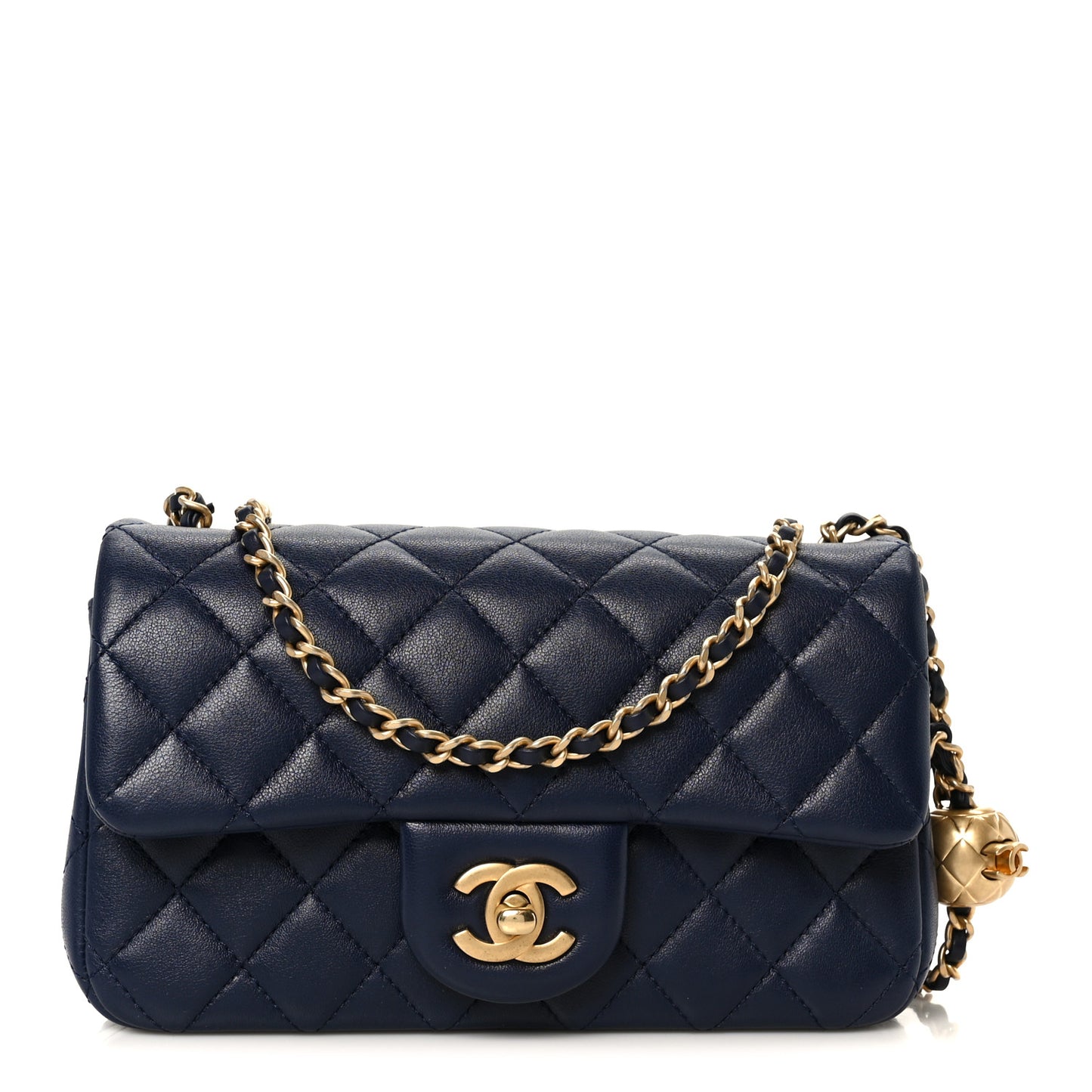 Lambskin Quilted Mini Pearl Crush Rectangular Flap Navy Blue