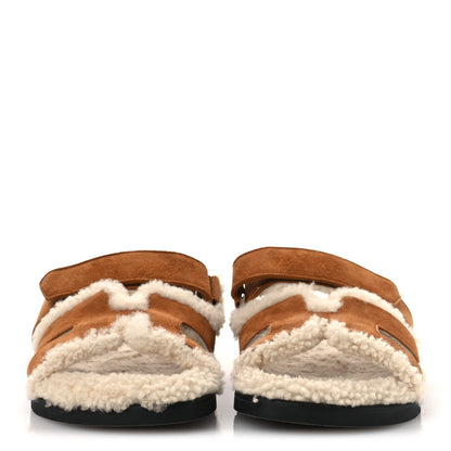 Hermes Suede Goatskin Woolskin Womens Chypre Sandals 37.5 Naturel Ecru 3 of 10