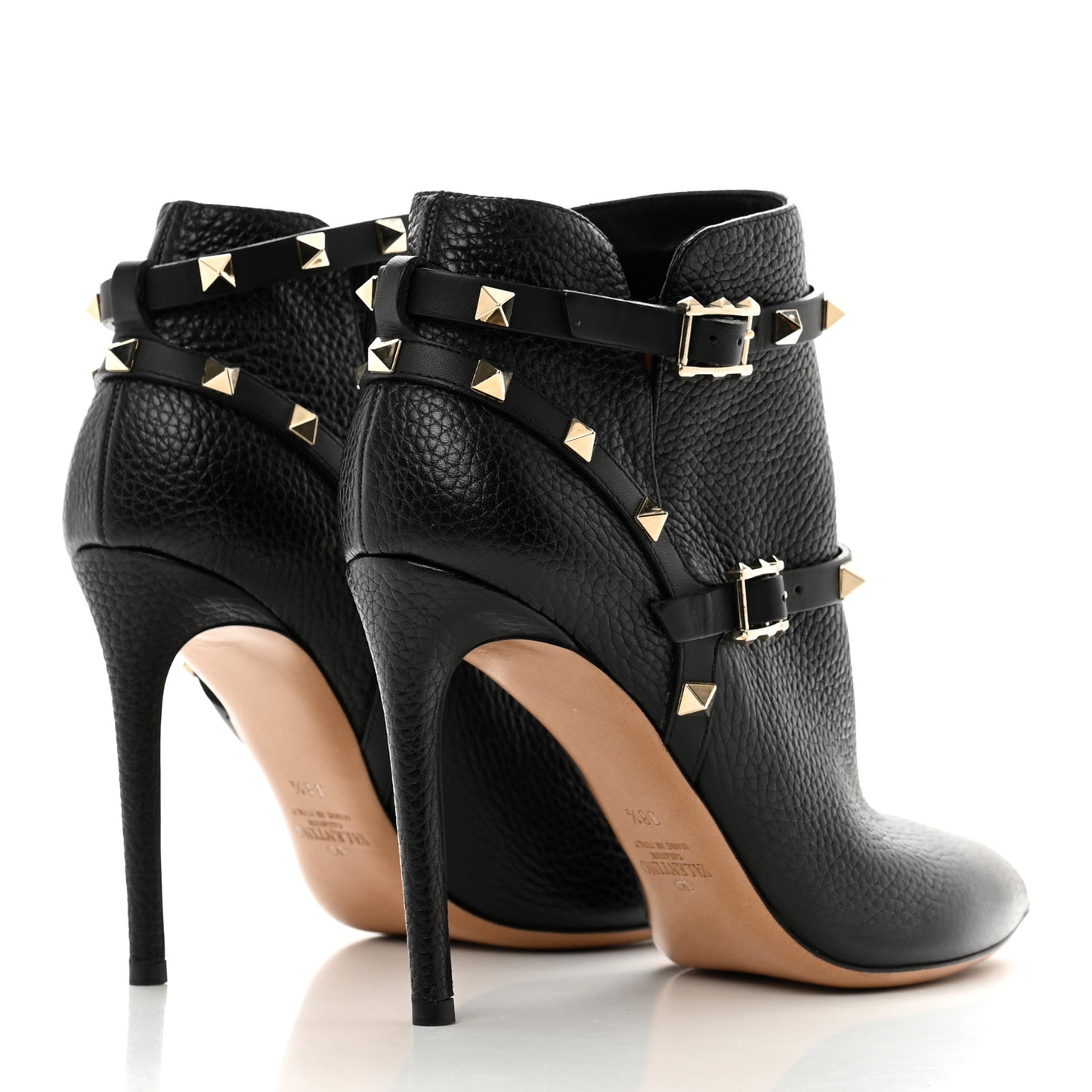 Grained Calfskin Rockstud Double Buckle 100mm Ankle Boots 38.5 Black