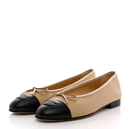 Chanel Lambskin Cap Toe Ballerina Flats 39.5 Beige Black 3 of 9