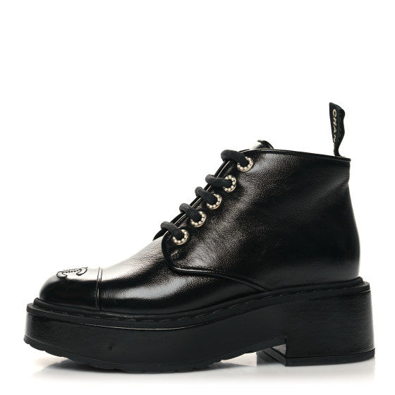 Chanel Shiny Calfskin Pearl Lace Up Combat Short Boots 35.5 Black 1 of 8