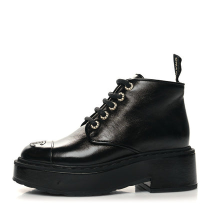 Chanel Shiny Calfskin Pearl Lace Up Combat Short Boots 35.5 Black 1 of 8