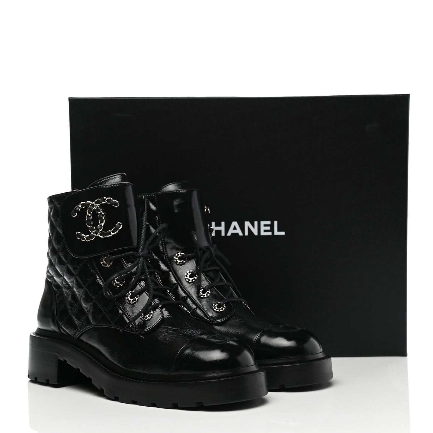 Shiny Lambskin Quilted Lace Up Combat Boots 40.5 Black