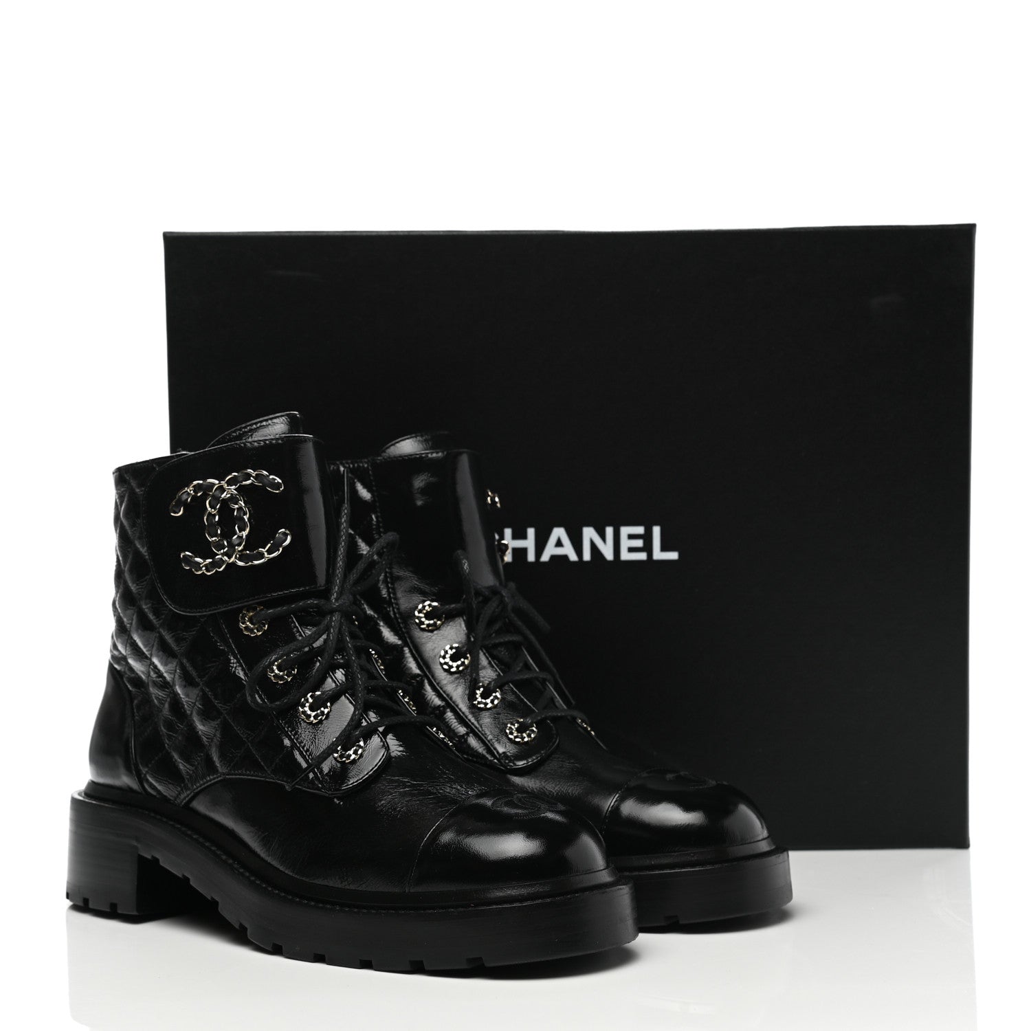 Chanel Shiny Lambskin Quilted Lace Up Combat Boots 40.5 Black 9 of 9