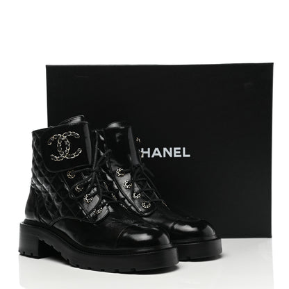 Chanel Shiny Lambskin Quilted Lace Up Combat Boots 40.5 Black 9 of 9