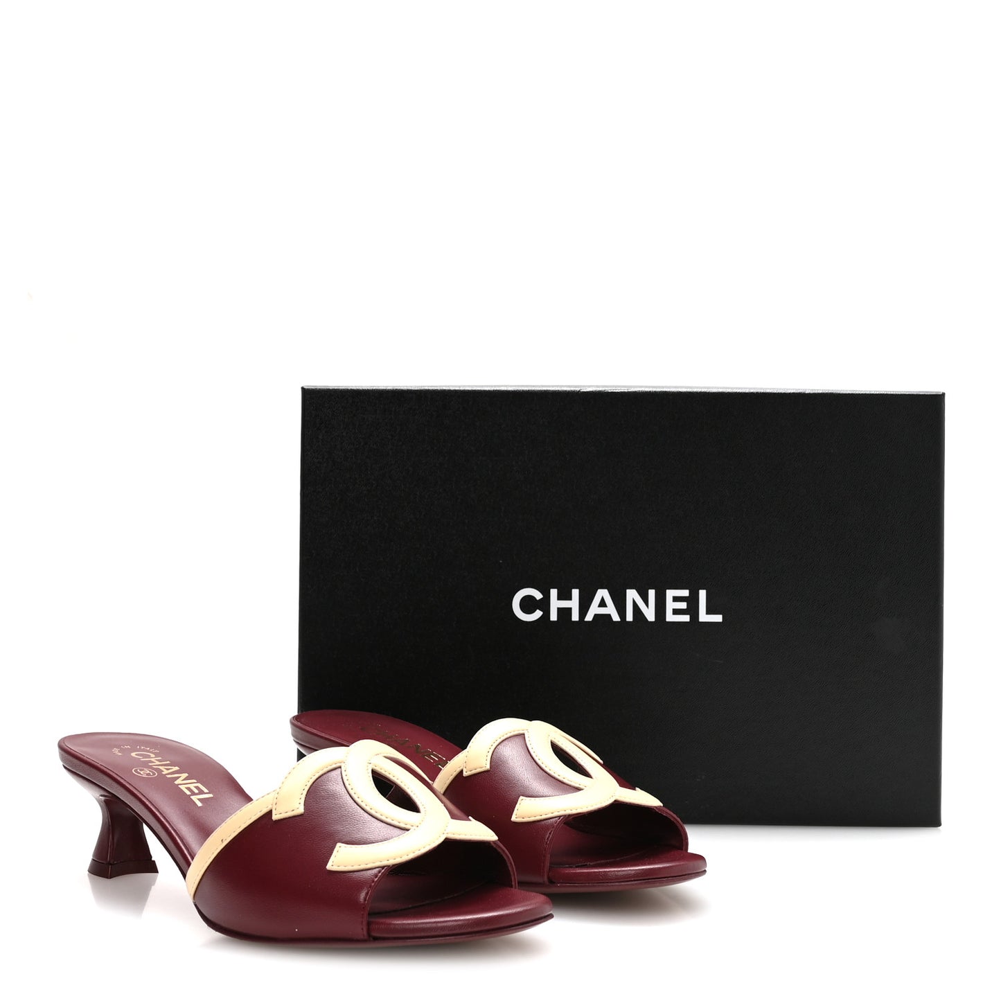 Lambskin CC Cutout Mules 38.5 Burgundy Beige