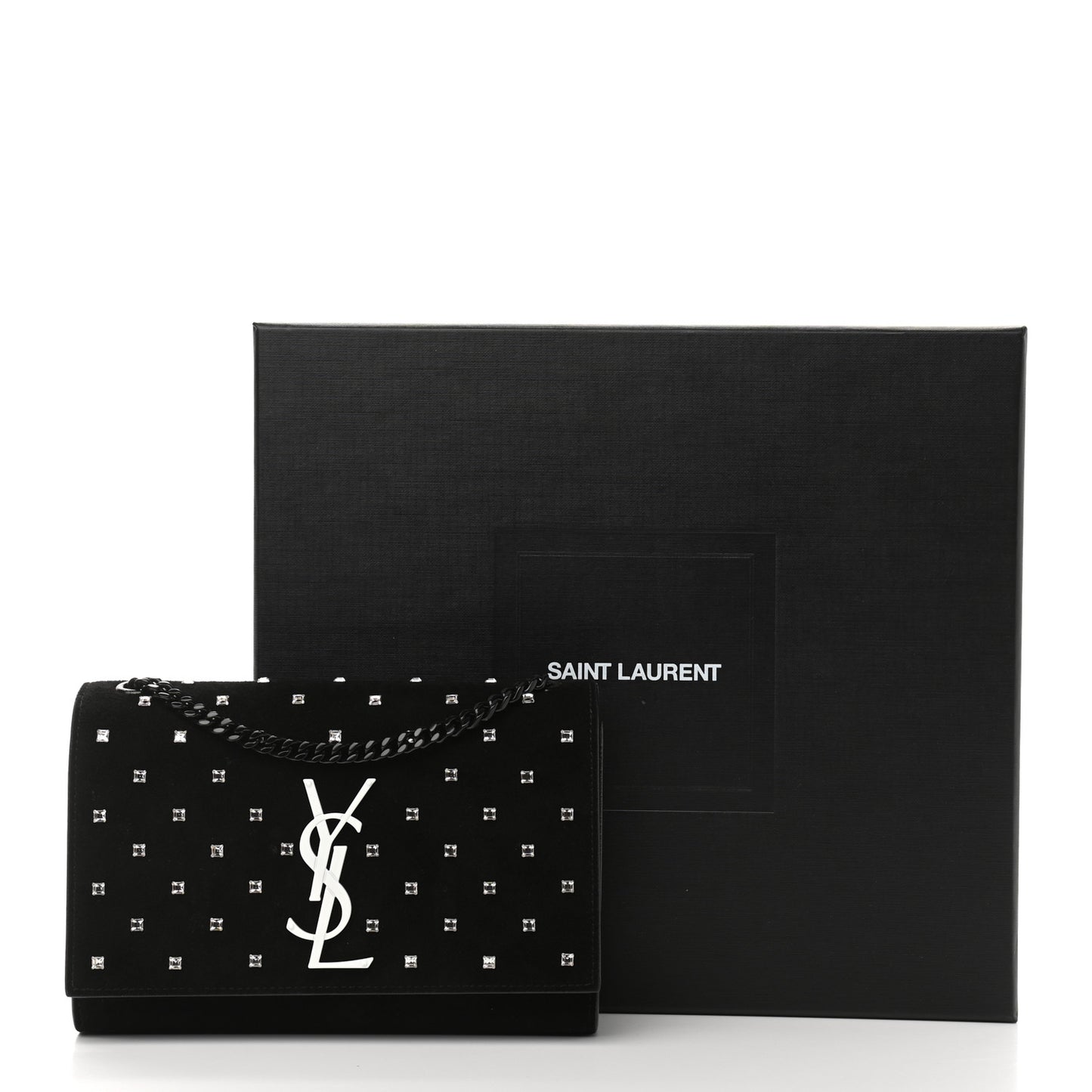 Suede Crystal Studded Monogram Small Kate Satchel Black