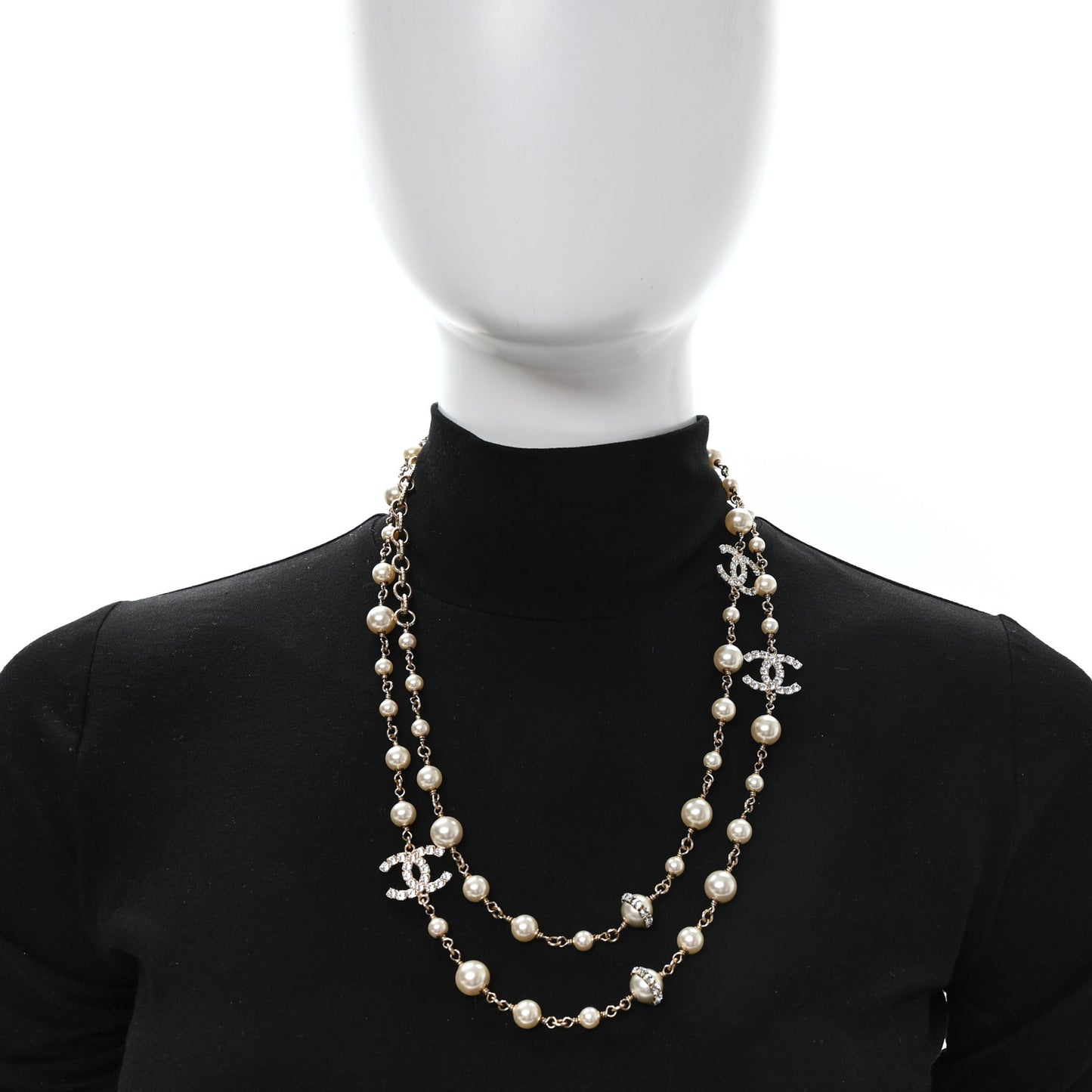 Crystal Pearl CC Long Necklace Gold