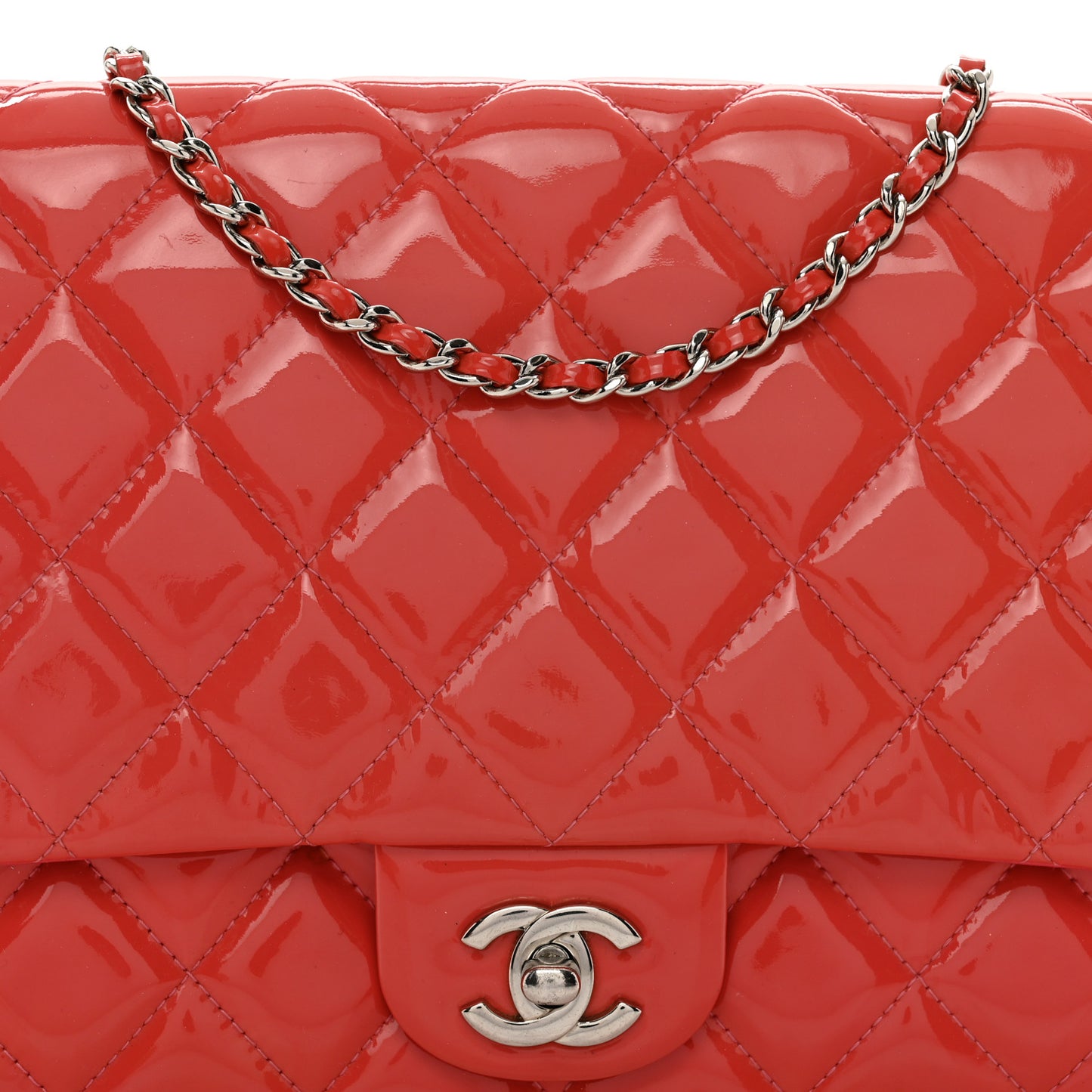 Patent Quilted Clutch with Chain Flap Fuchsia
