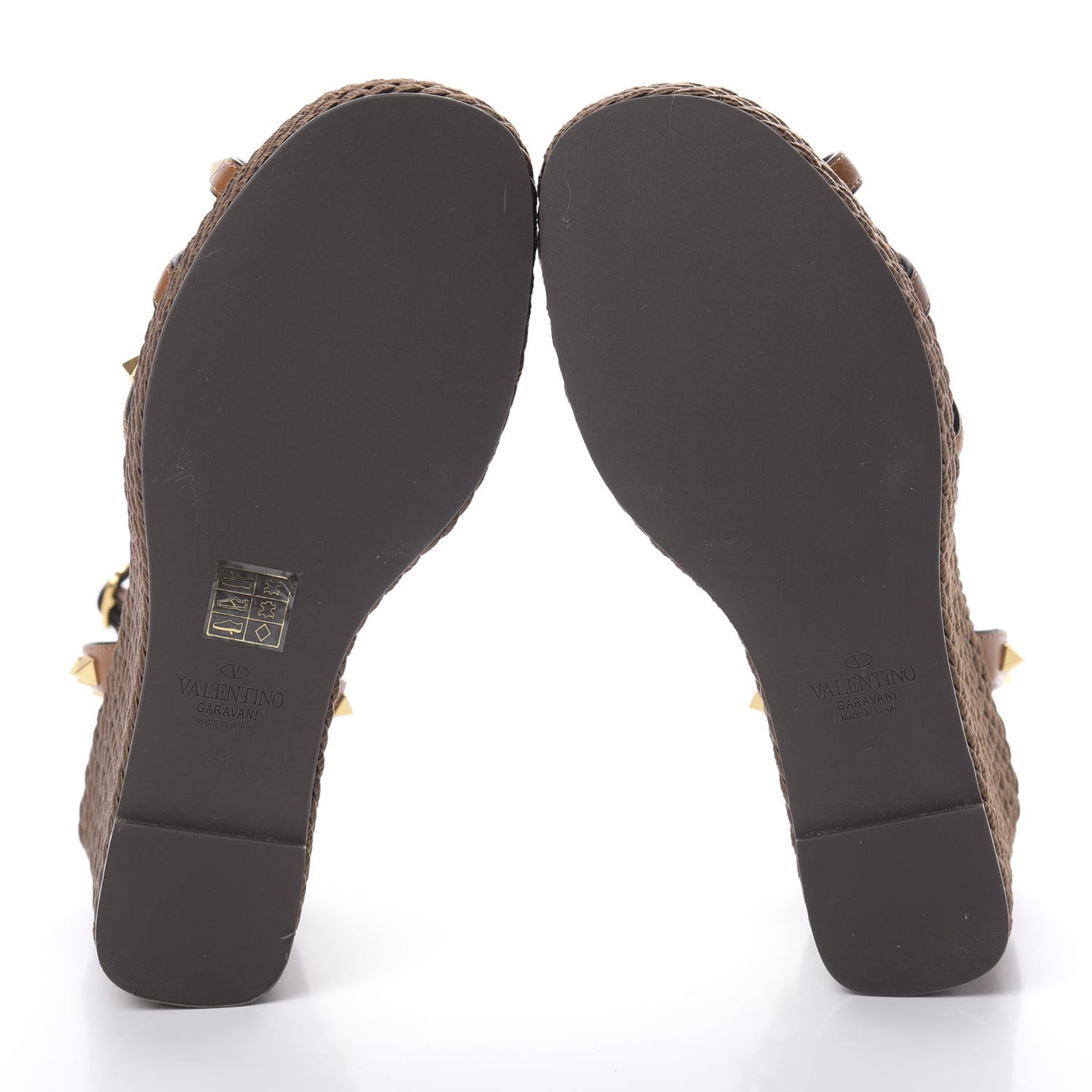 Calfskin Rockstud Ankle Strap Torchon Espadrille 25/95mm Wedge Sandals 41 Cuoio
