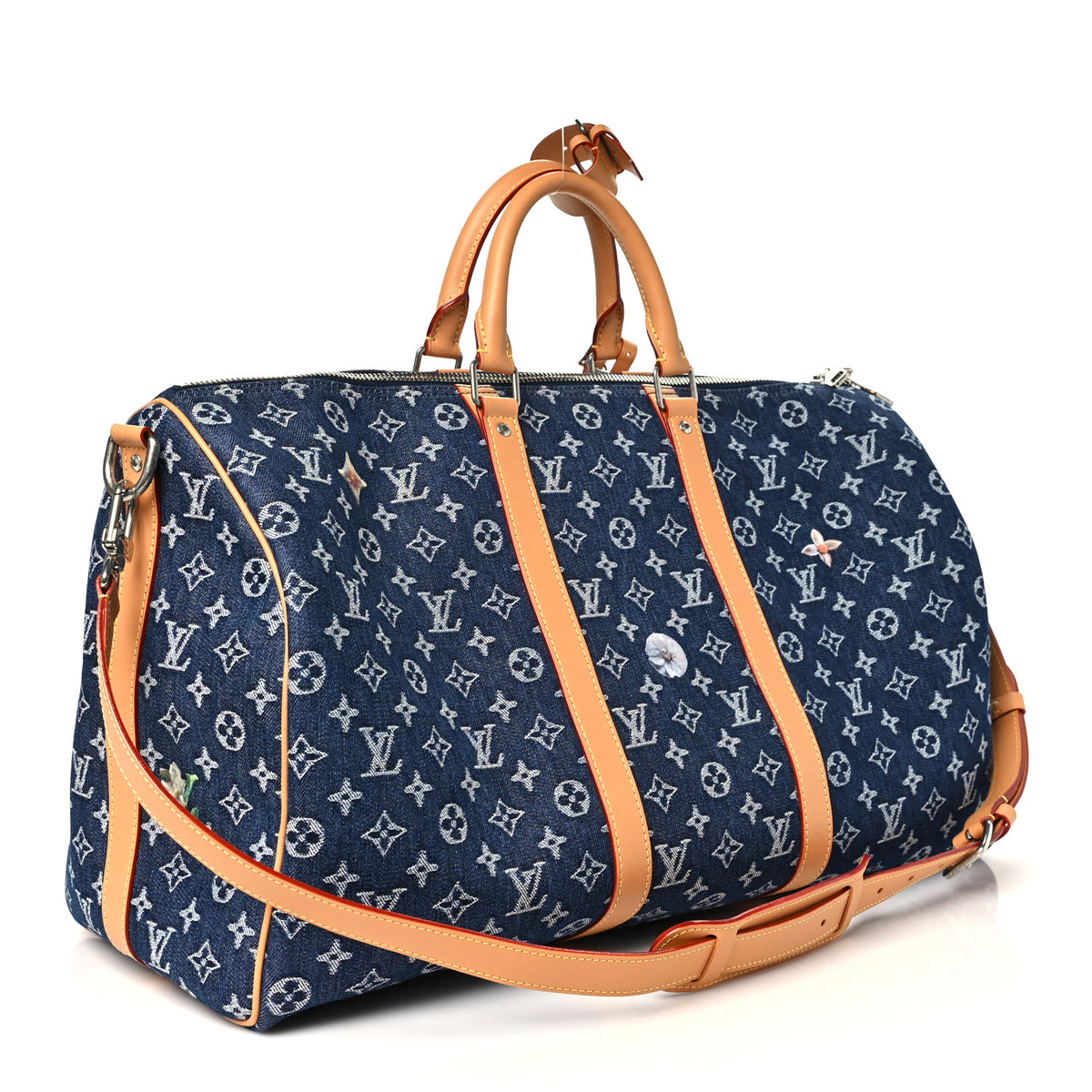 Louis Vuitton Denim Monogram Flowers Keepall Bandouliere 50 Blue 2 of 8