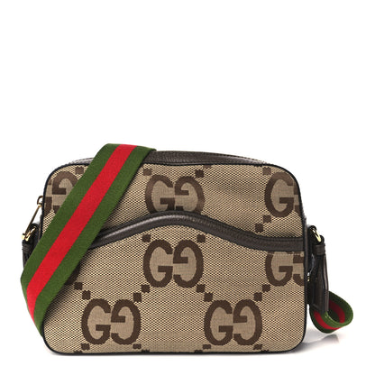 Gucci Monogram Jumbo GG Textured Dollar Calfskin Web Messenger Shoulder Bag Camel Ebony New Acero 1 of 10