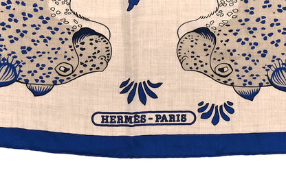 Hermes Cashmere Silk Les Leopards Shawl 140 Naturel Bleu Orange 3 of 5