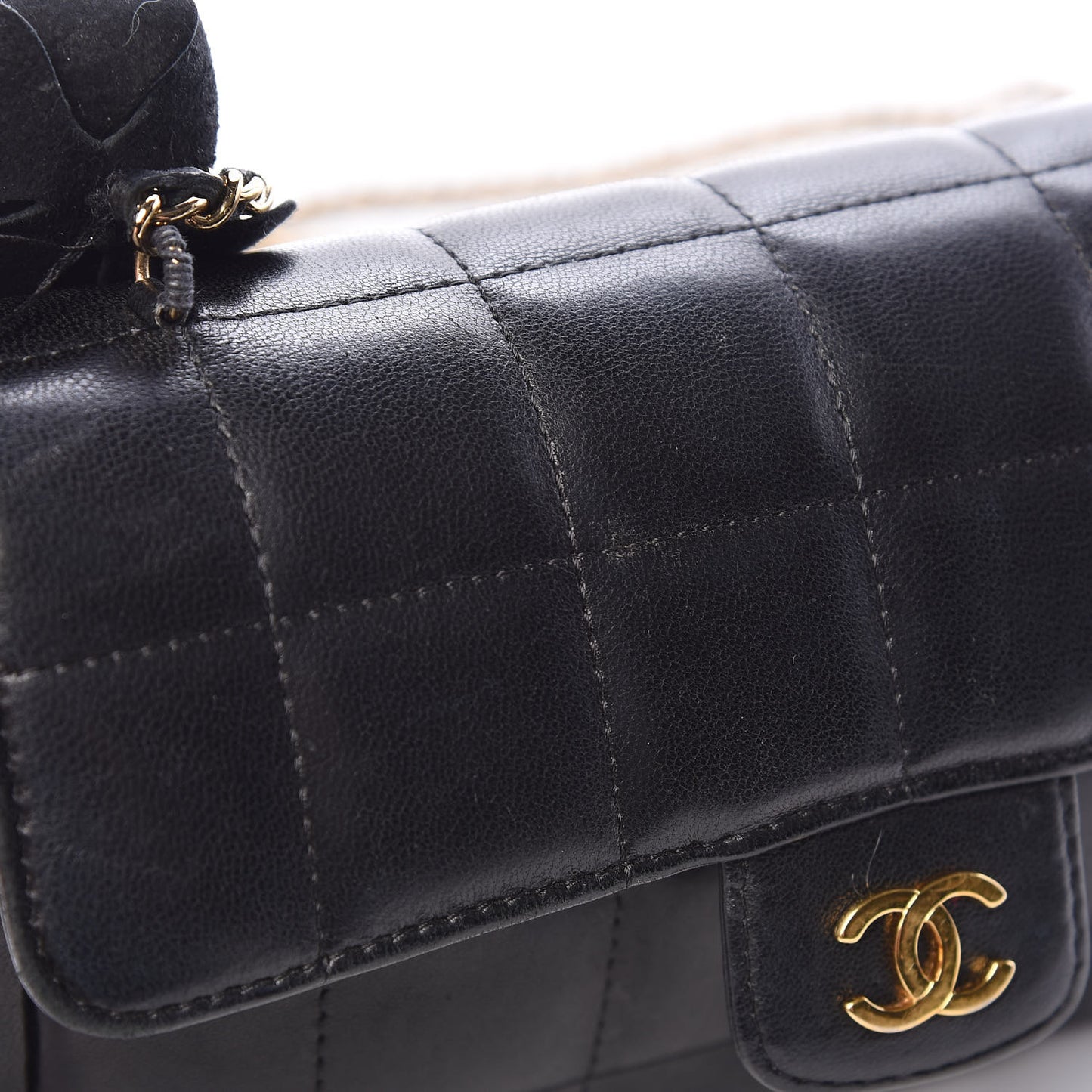 Lambskin Quilted Mini Chocolate Bar Camellia Flap Black
