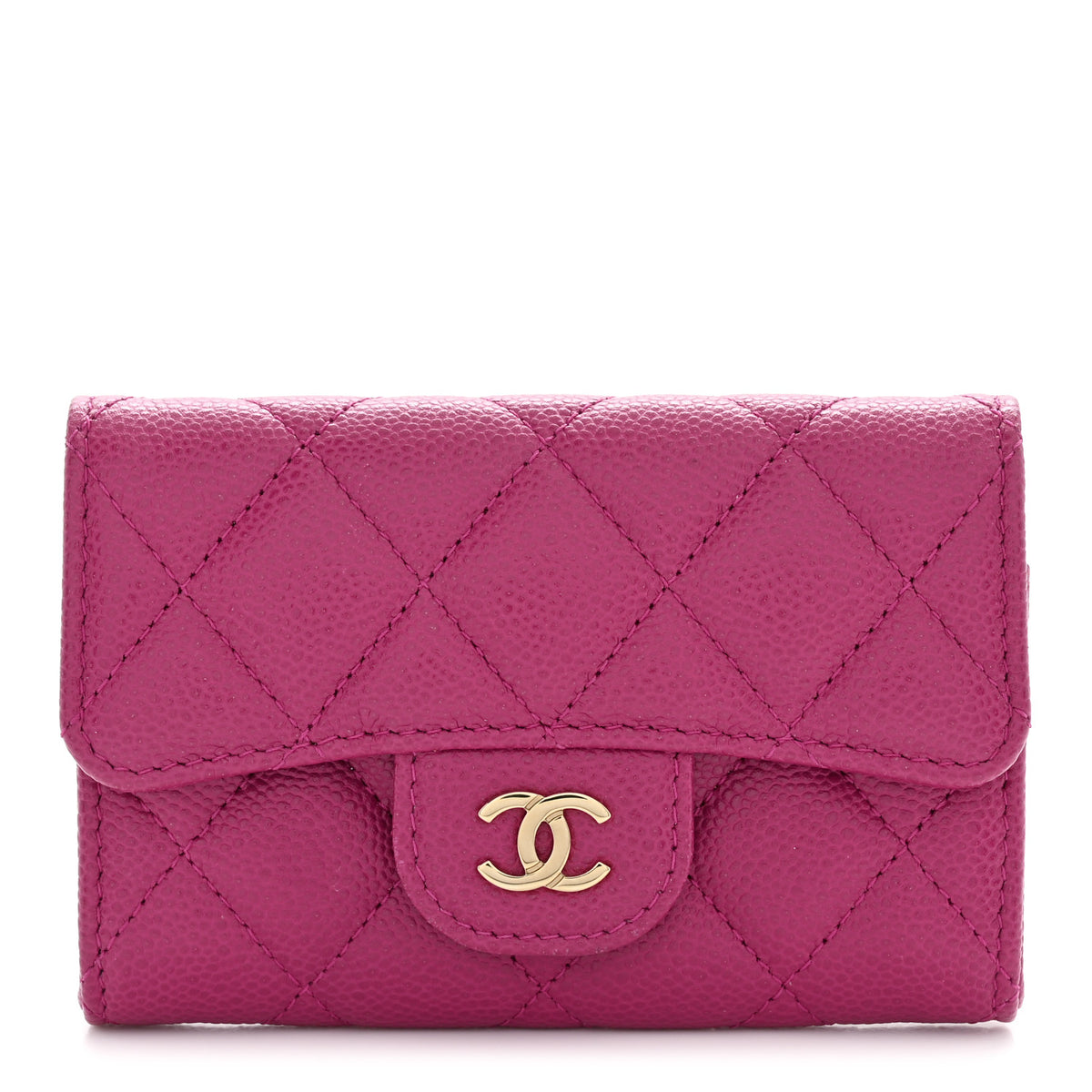 Caviar Quilted Flap Card Holder Wallet Purple