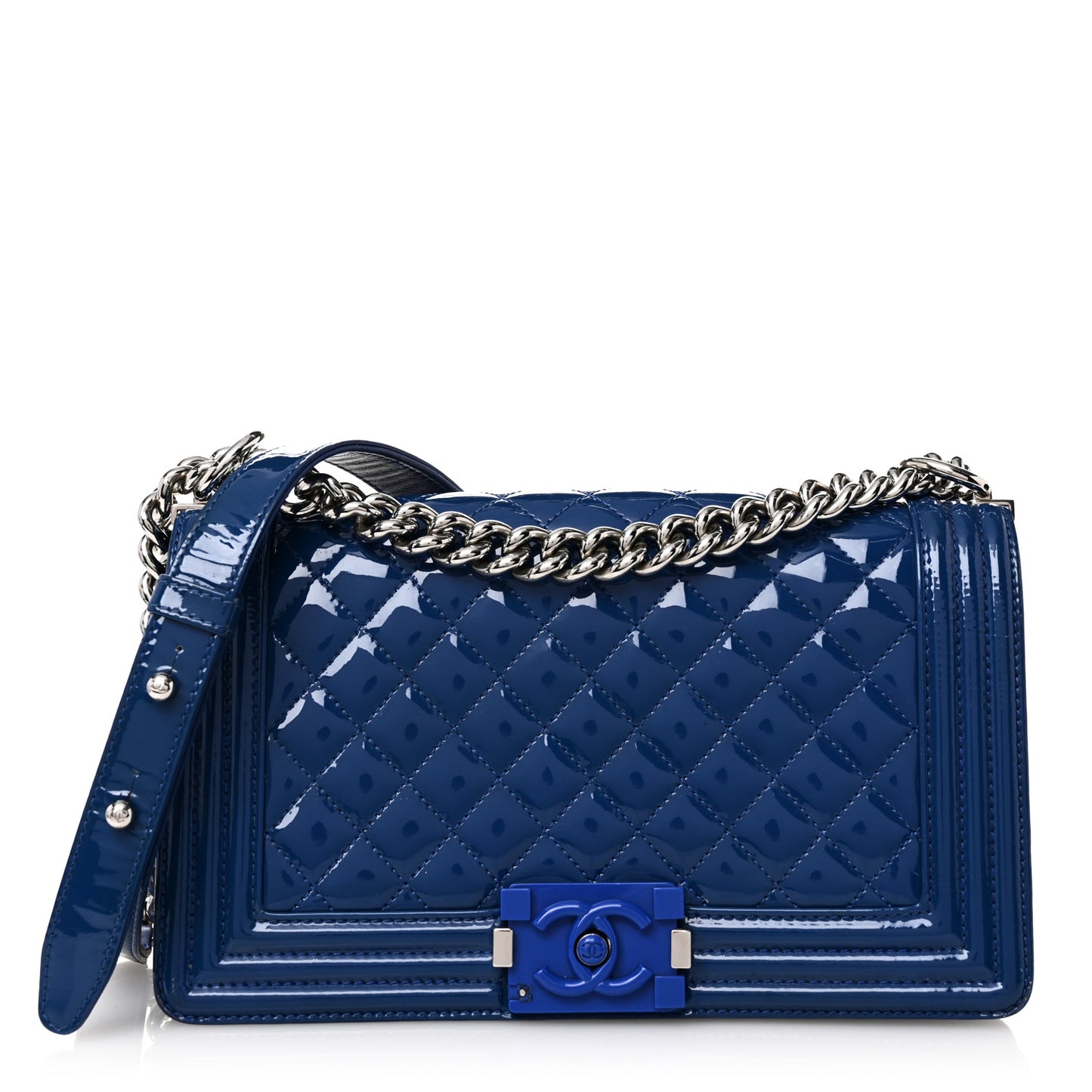 Patent Calfskin Quilted Medium Plexiglass Boy Flap Blue