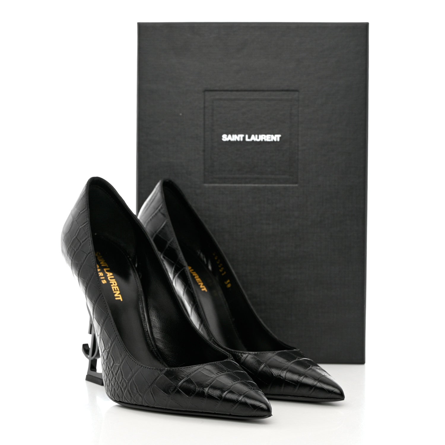 Saint Laurent Calfskin Crocodile Embossed Opyum 110 Pumps 38 Black 5 of 11