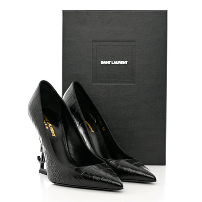 Saint Laurent Calfskin Crocodile Embossed Opyum 110 Pumps 38 Black 5 of 11