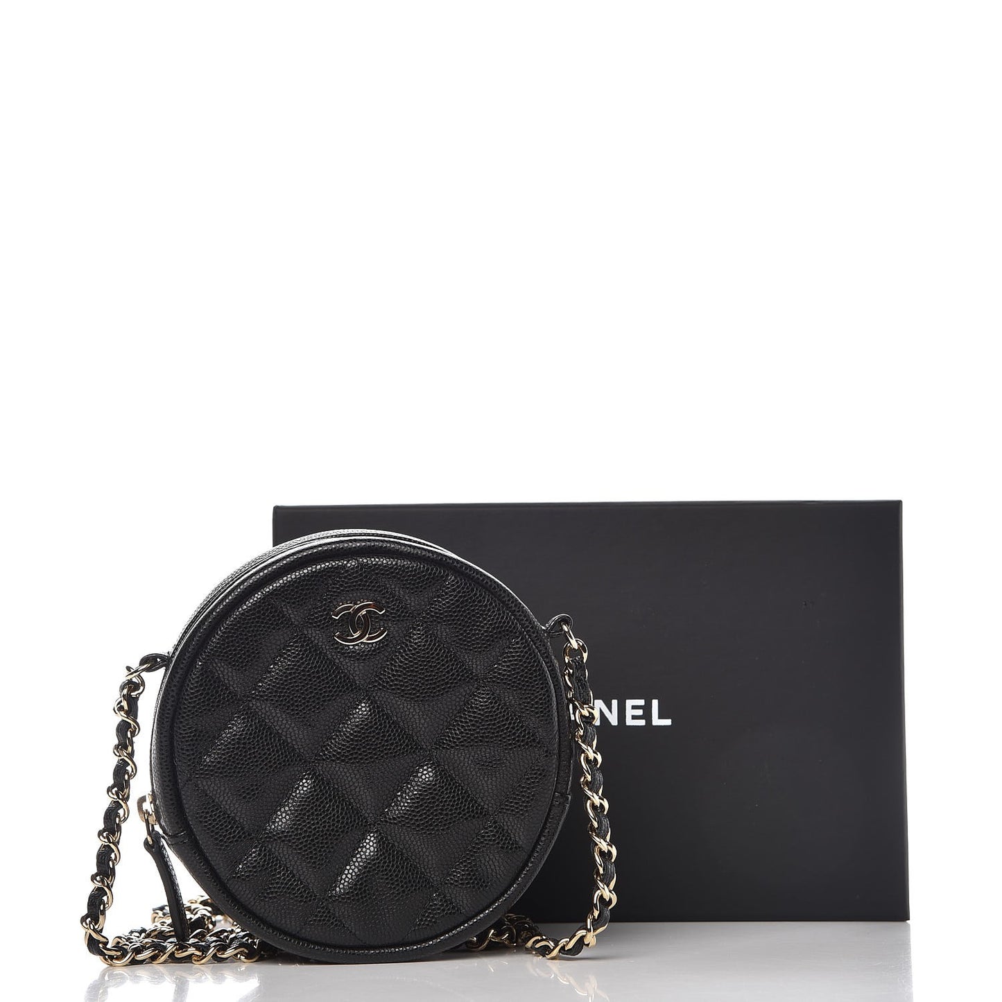 Caviar Quilted Round Clutch With Chain Black