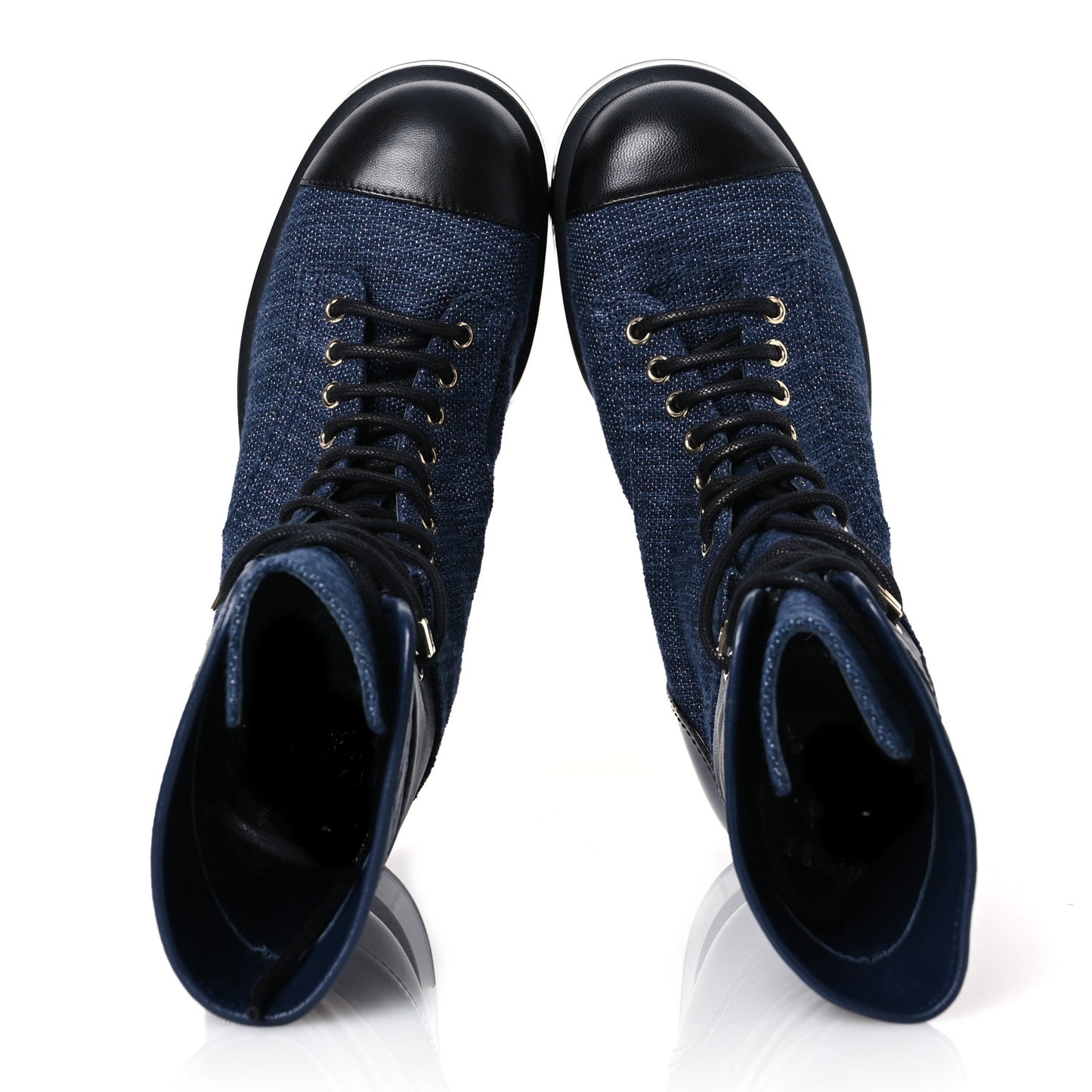 Denim Patent Lambskin Quilted CC Lace Up Combat Boots 36.5 Navy Blue Black