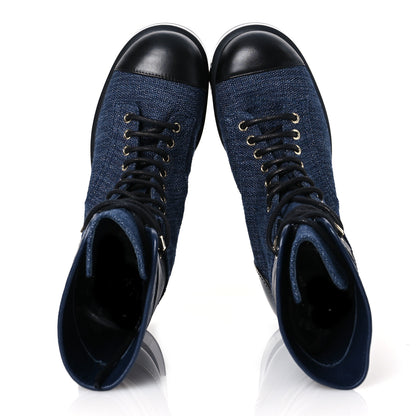 Chanel Denim Patent Lambskin Quilted CC Lace Up Combat Boots 36.5 Navy Blue Black 2 of 10